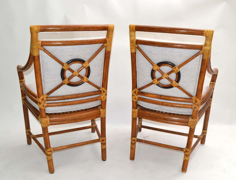 McGuire Mid-Century Modern Bamboo & Cane Armchair Dining Chair Leather, Pair In Good Condition For Sale In Miami, FL