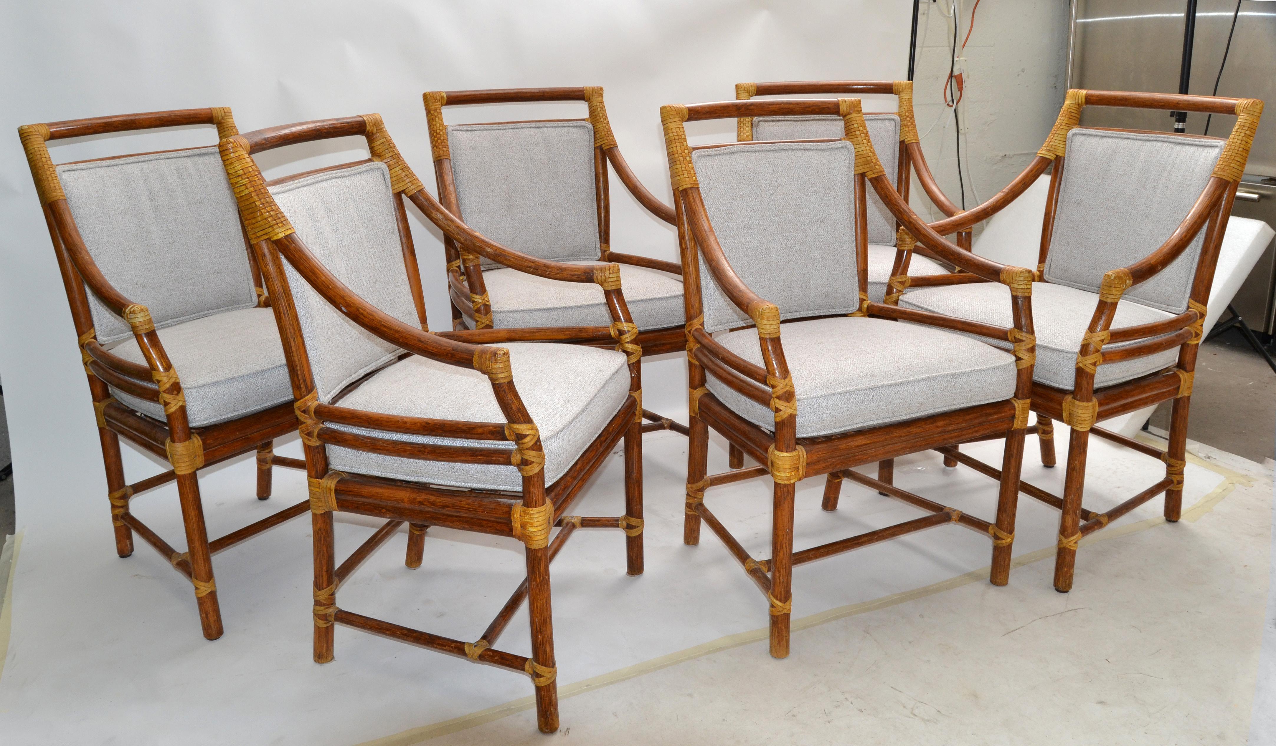 McGuire Mid-Century Modern Bamboo & Cane Armchair Dining Chair Leather, Set 6 10