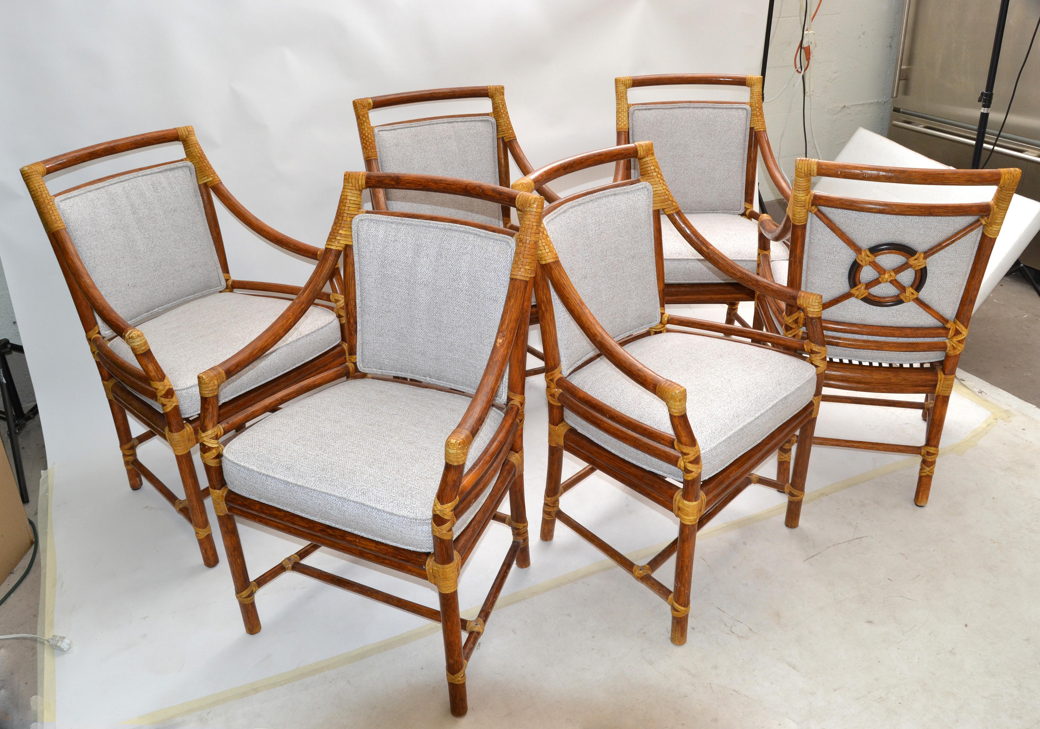 American McGuire Mid-Century Modern Bamboo & Cane Armchair Dining Chair Leather, Set 6
