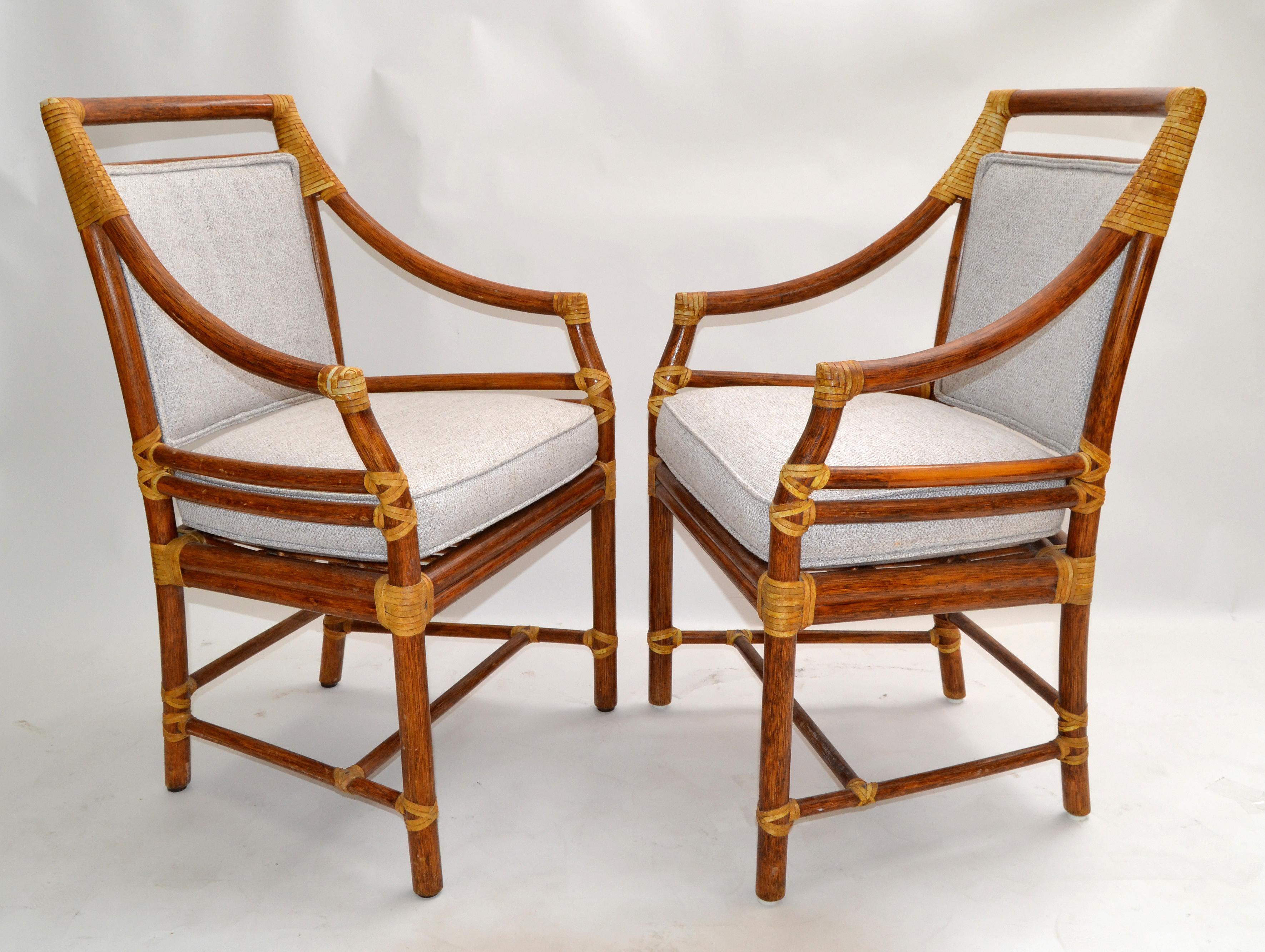 McGuire Mid-Century Modern Bamboo & Cane Armchair Dining Chair Leather, Set 6 In Good Condition In Miami, FL