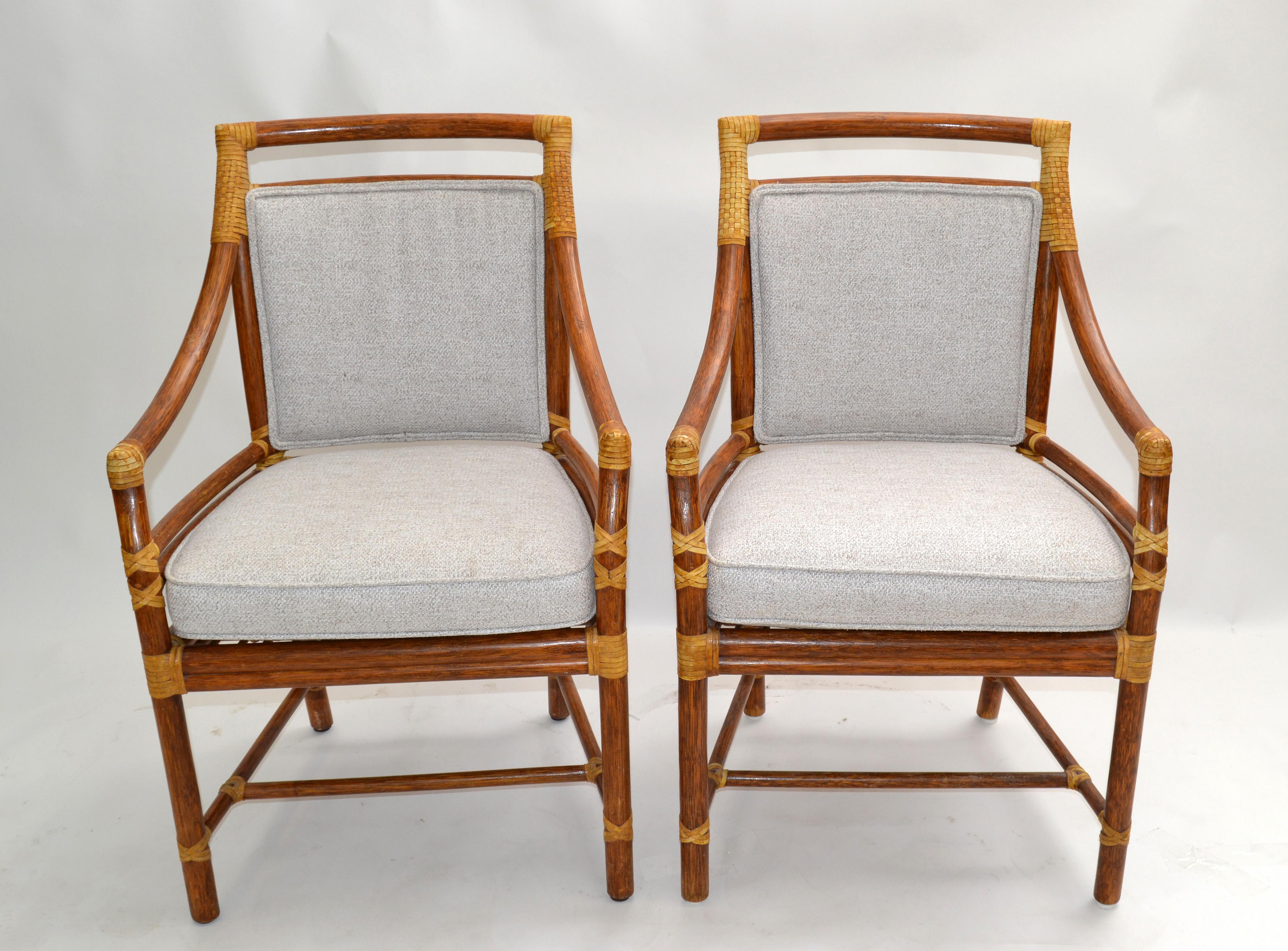 20th Century McGuire Mid-Century Modern Bamboo & Cane Armchair Dining Chair Leather, Set 6