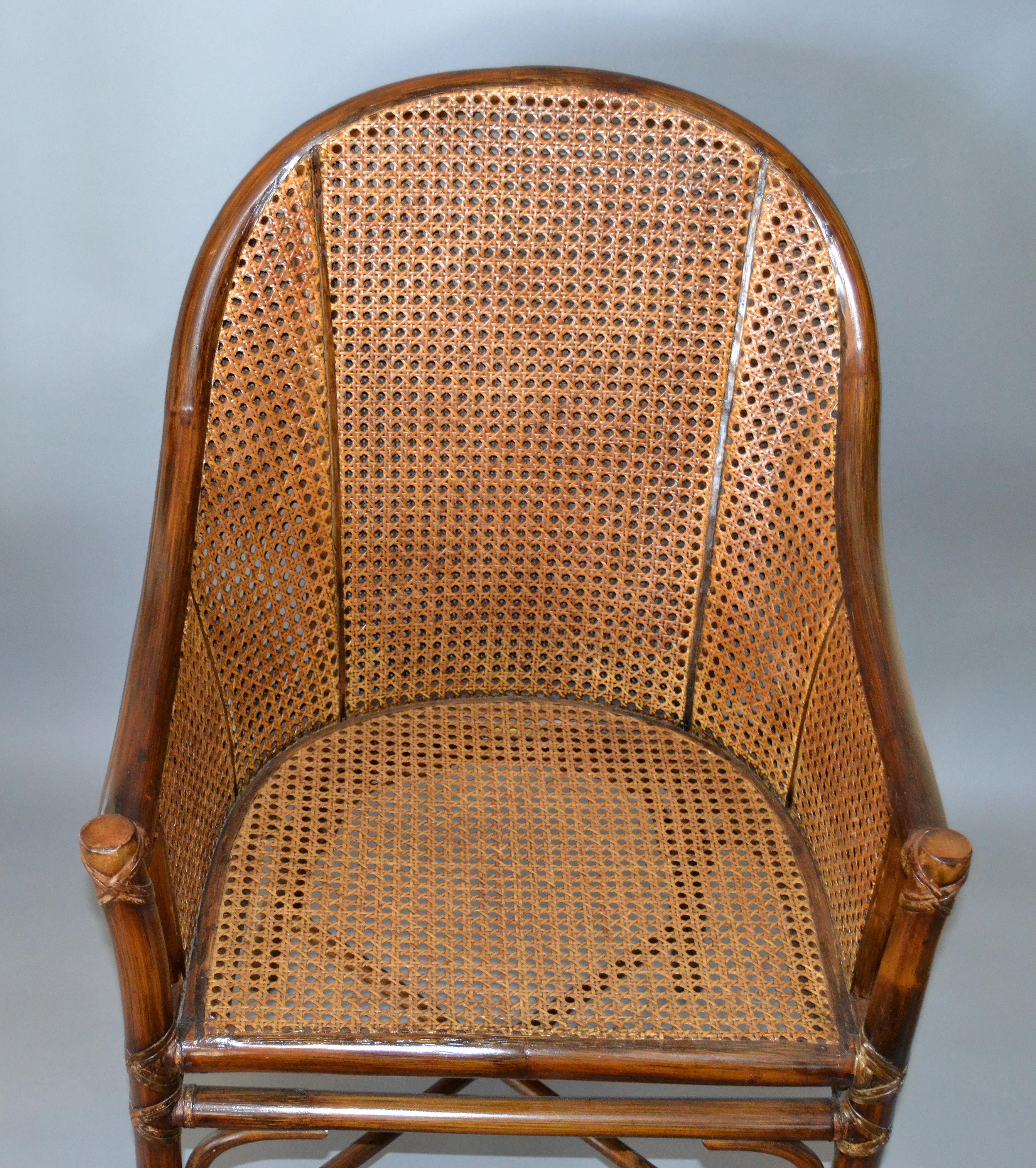 American McGuire Mid-Century Modern Bamboo and Cane Armchair Leather Bindings, Desk Chair