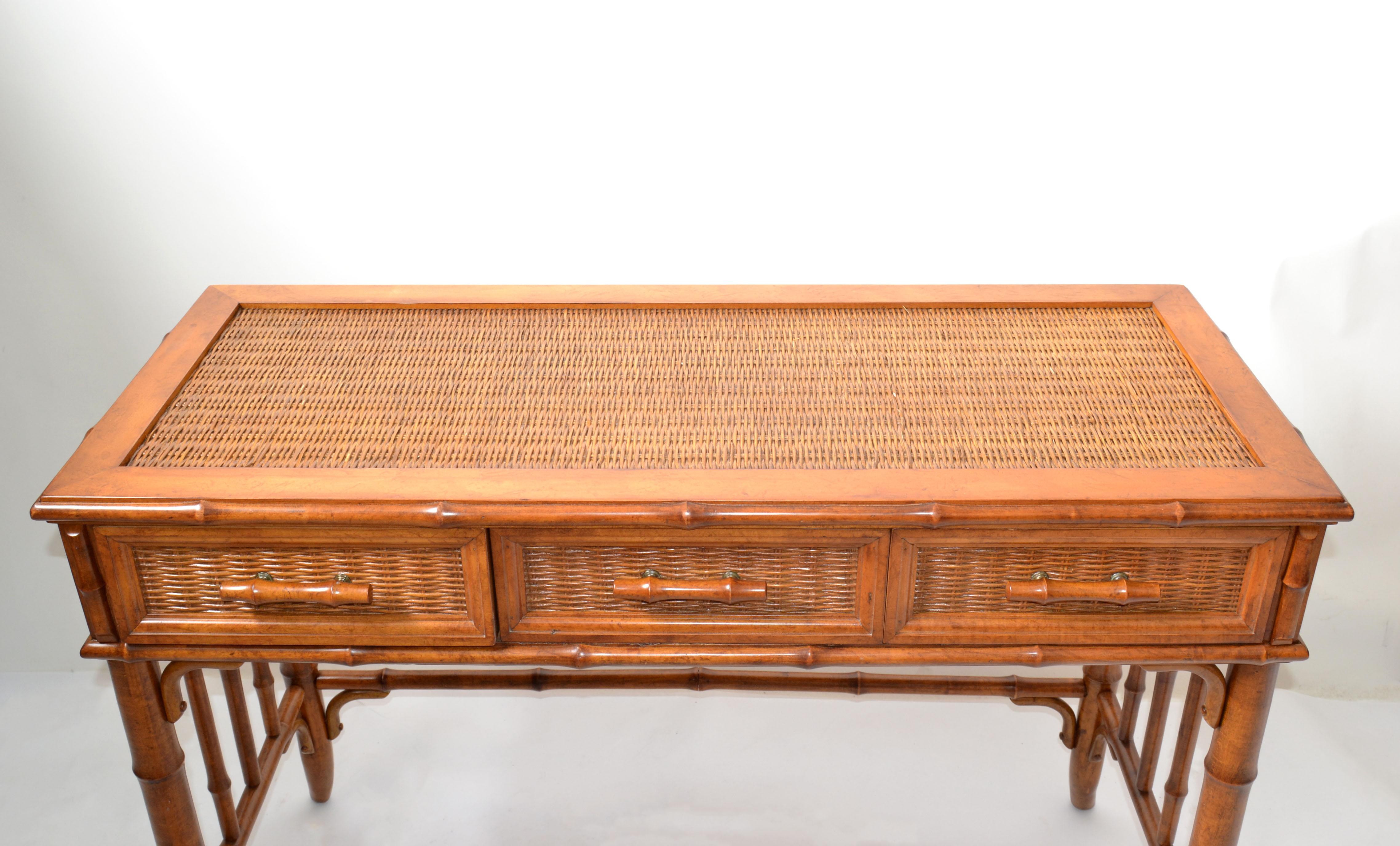 Hand-Crafted McGuire Mid-Century Modern Bentwood Bamboo & Handwoven Cane Top, Writing Desk