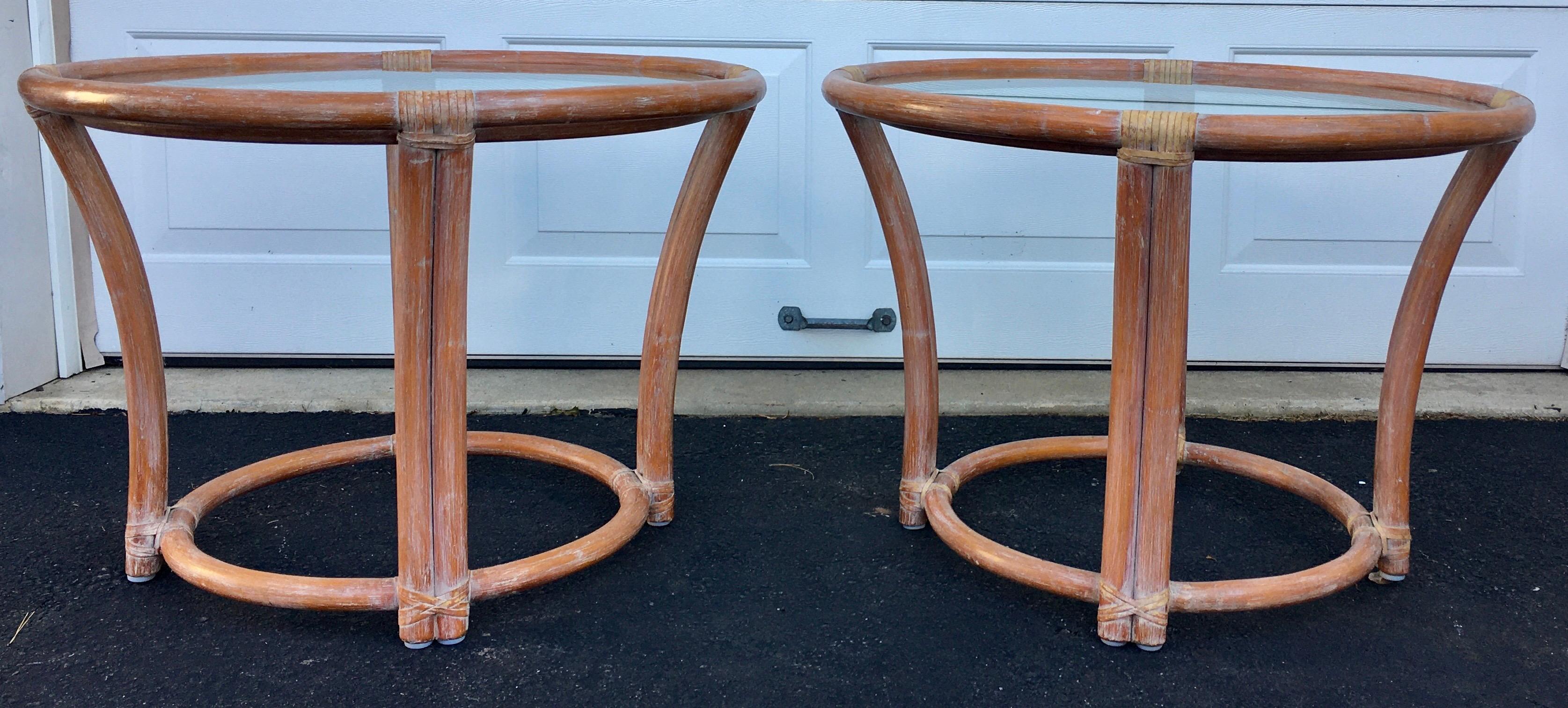 McGuire Mid-Century Modern Bentwood Rattan Glass Round Side End Tables, Signed In Good Condition In Lambertville, NJ