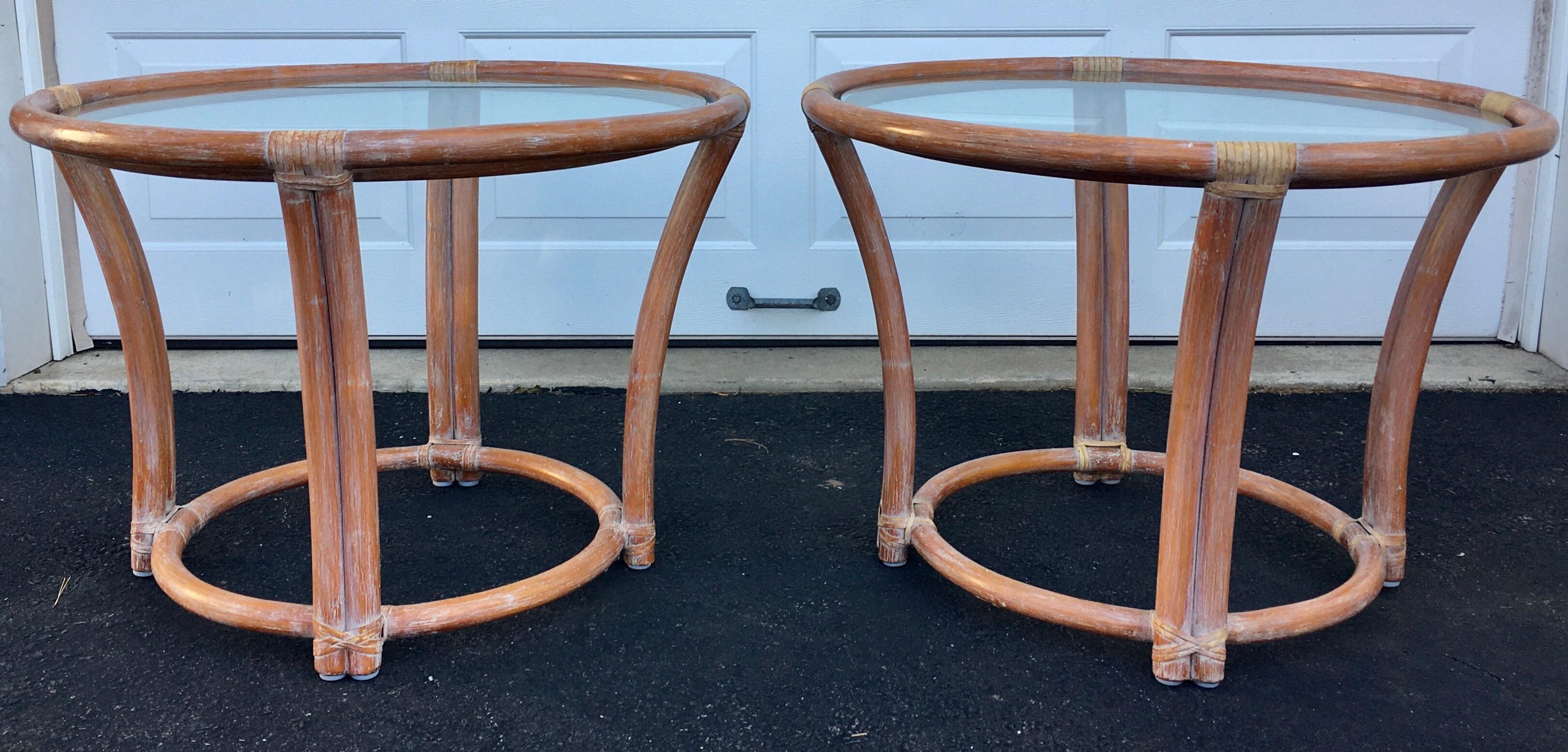 Mid-20th Century McGuire Mid-Century Modern Bentwood Rattan Glass Round Side End Tables, Signed