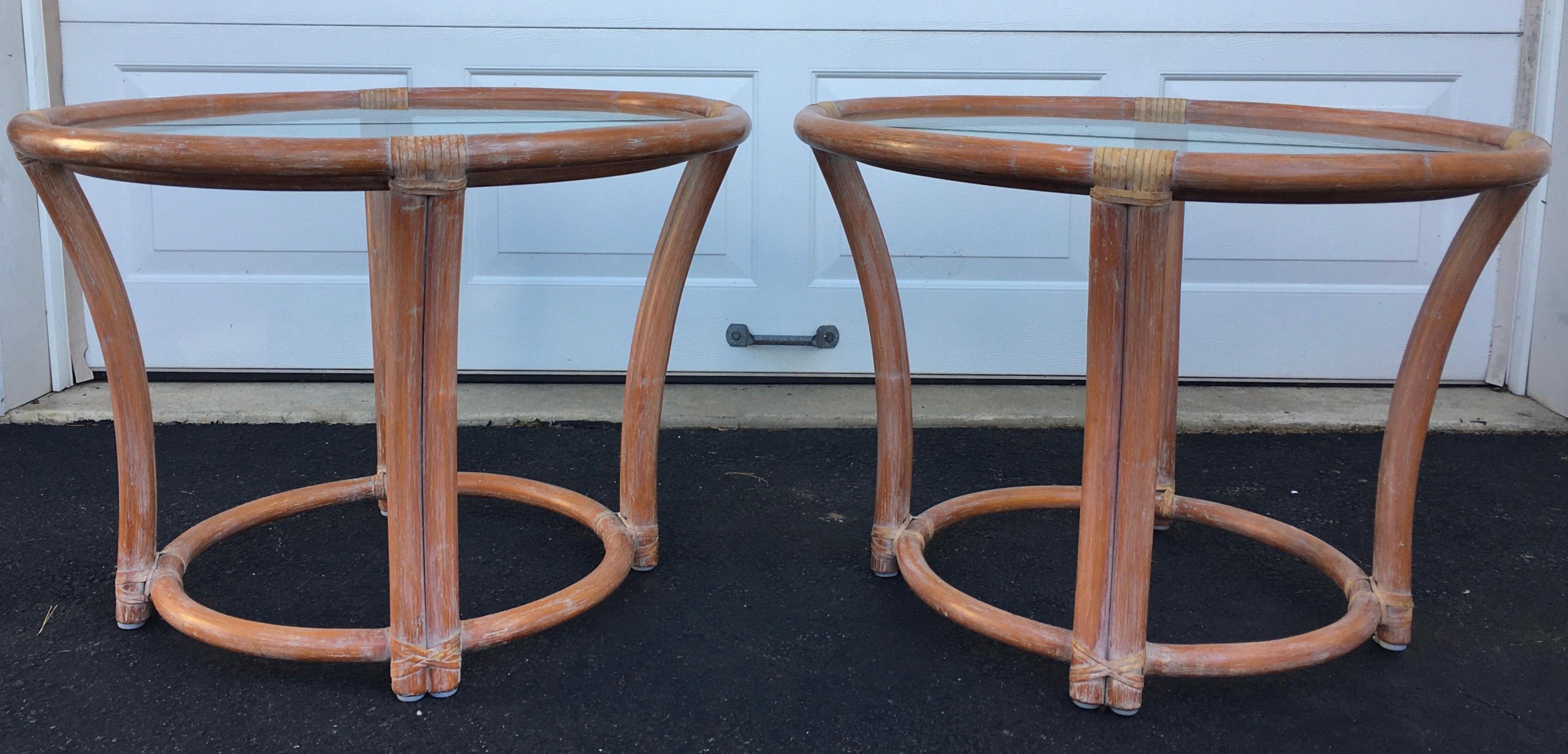 McGuire Mid-Century Modern Bentwood Rattan Glass Round Side End Tables, Signed 1