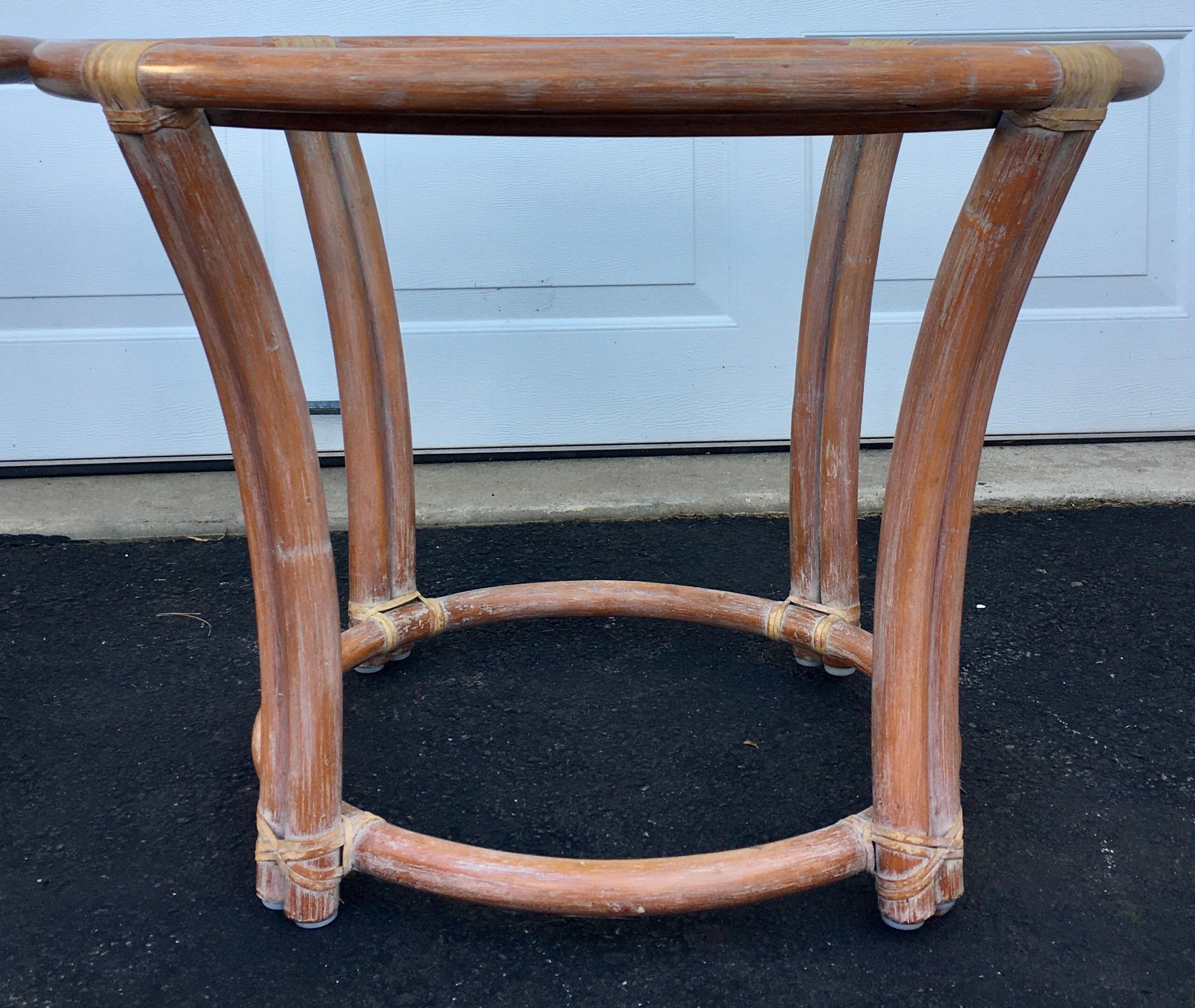 McGuire Mid-Century Modern Bentwood Rattan Glass Round Side End Tables, Signed 3