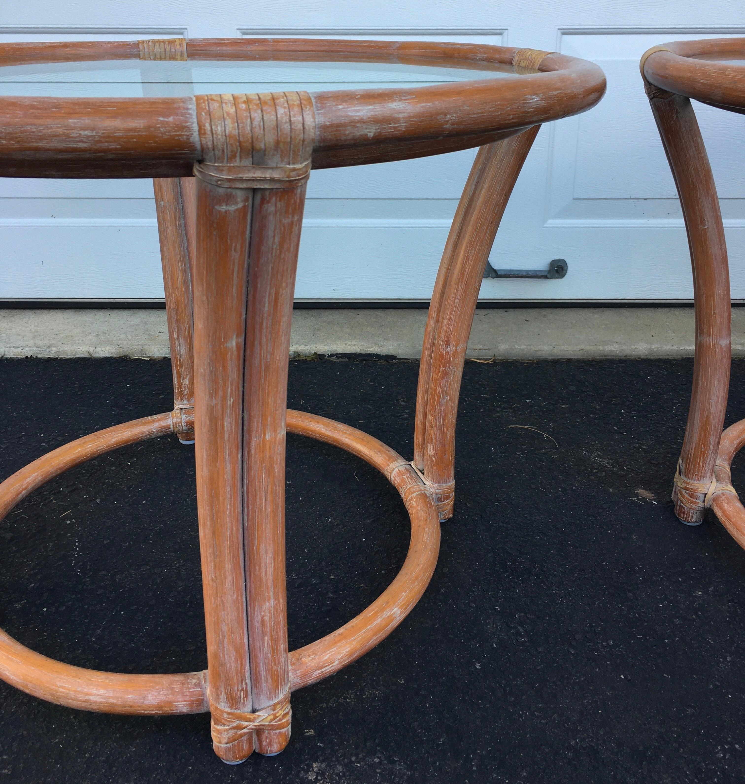 McGuire Mid-Century Modern Bentwood Rattan Glass Round Side End Tables, Signed 4