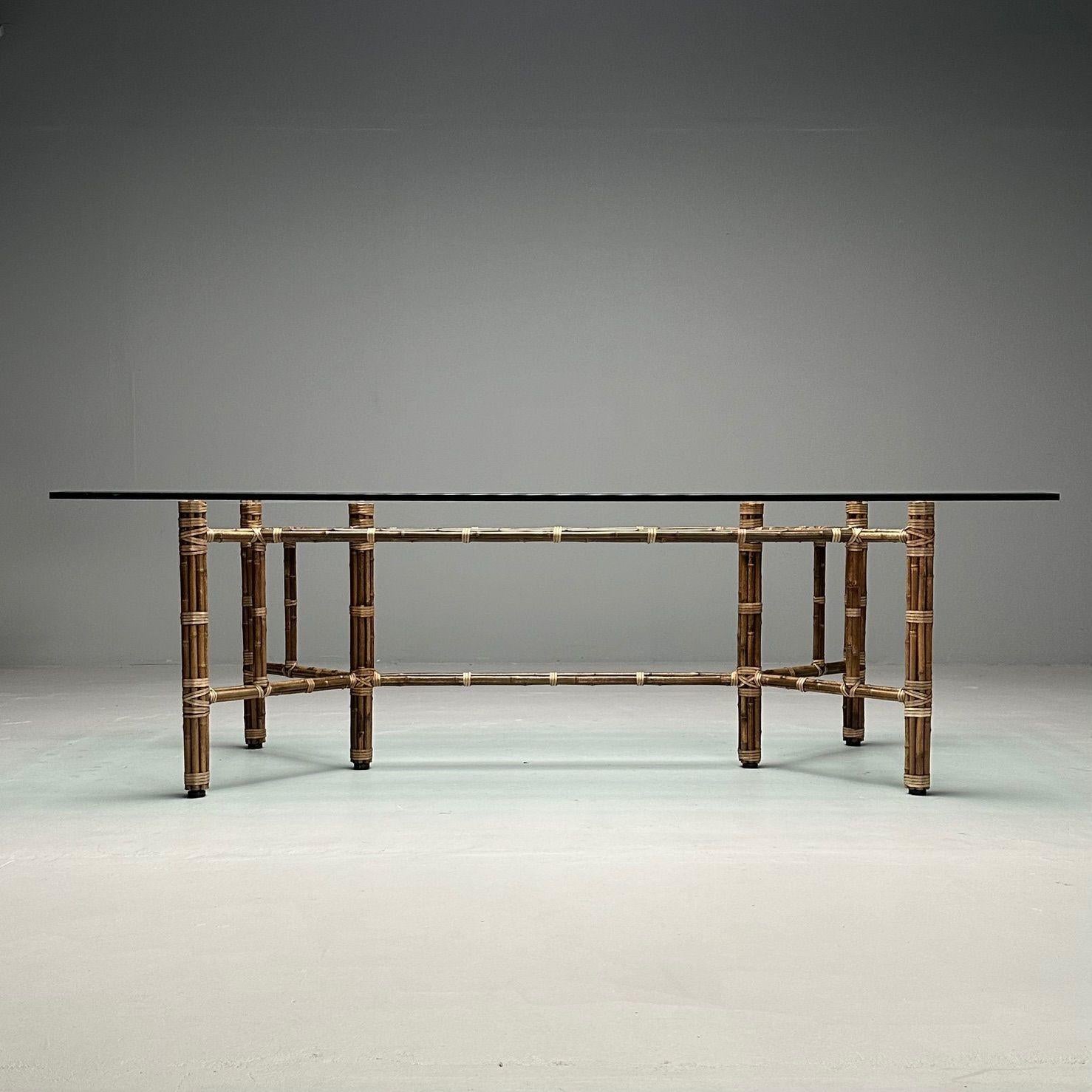 Mid-Century Modern McGuire, table de salle à manger en verre, bambou, rotin, moderne du milieu du siècle, 1970 en vente