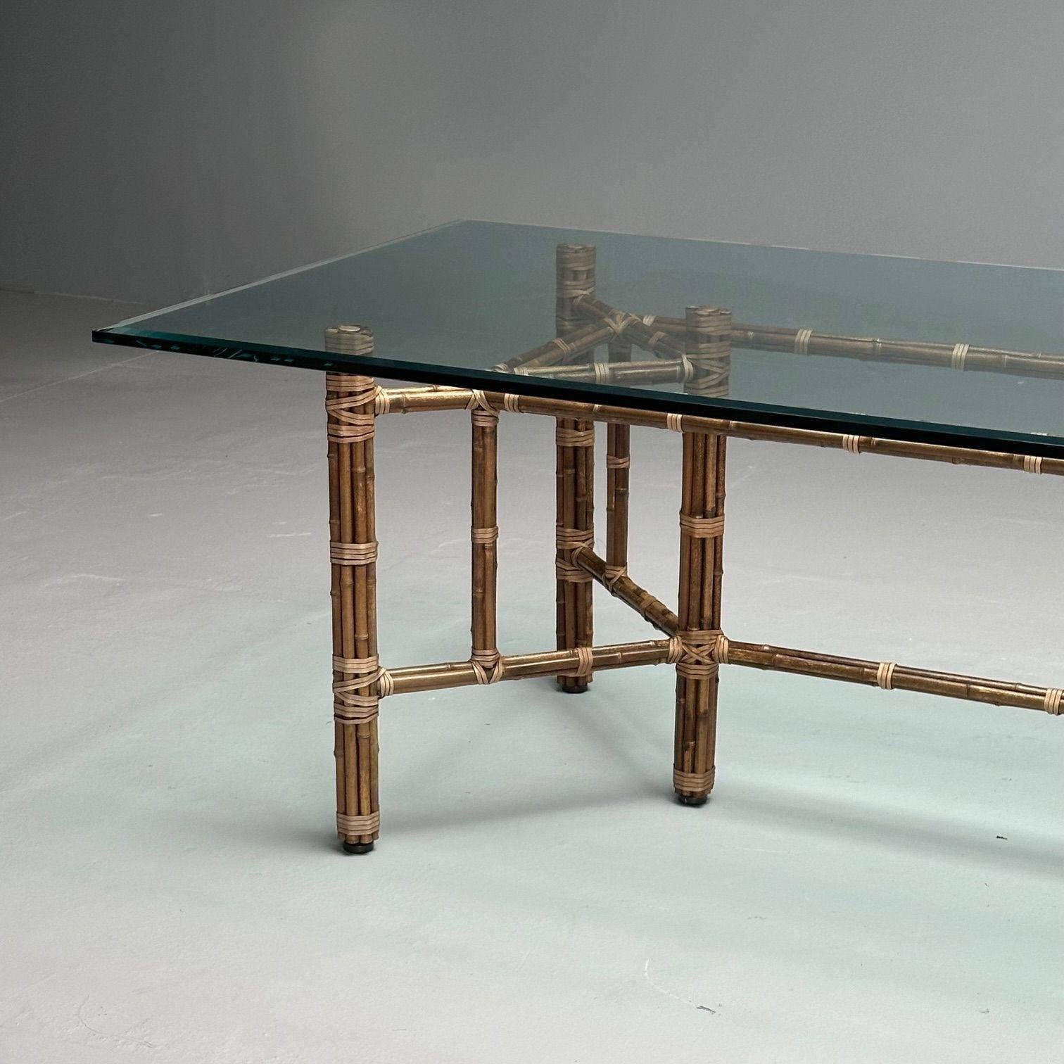 Philippin McGuire, table de salle à manger en verre, bambou, rotin, moderne du milieu du siècle, 1970 en vente