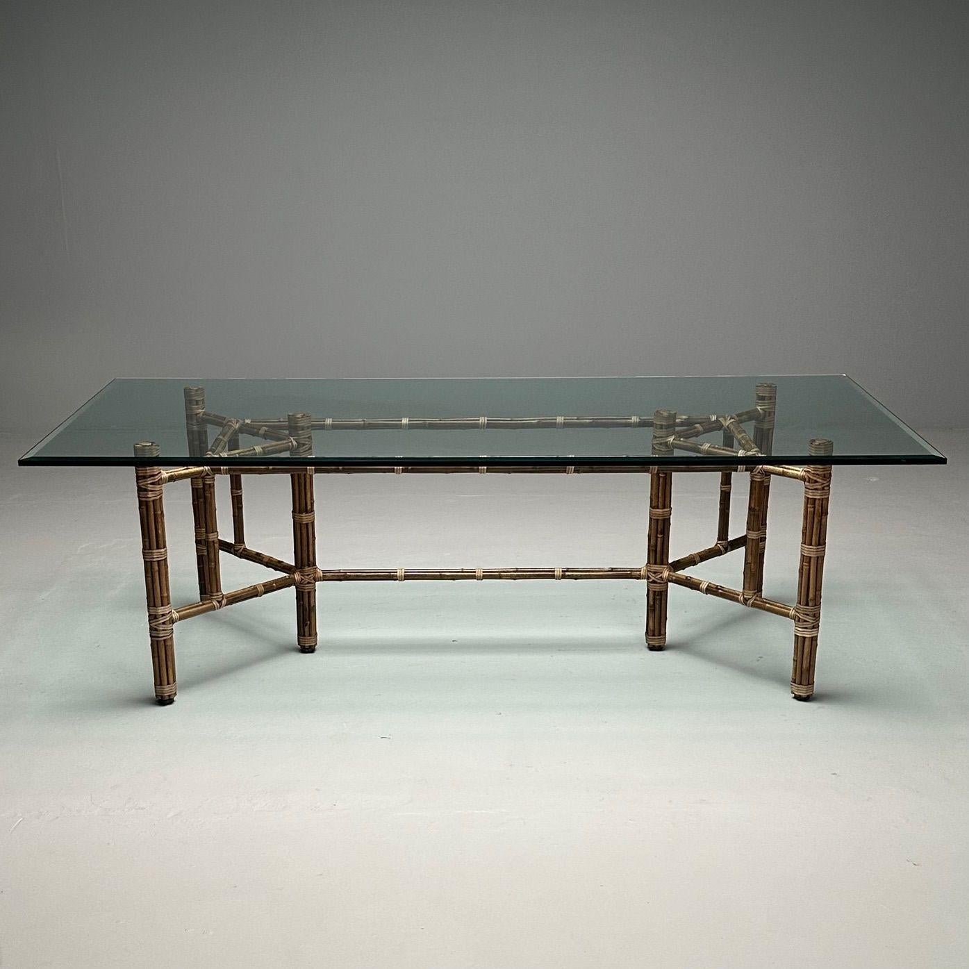Bambou McGuire, table de salle à manger en verre, bambou, rotin, moderne du milieu du siècle, 1970 en vente