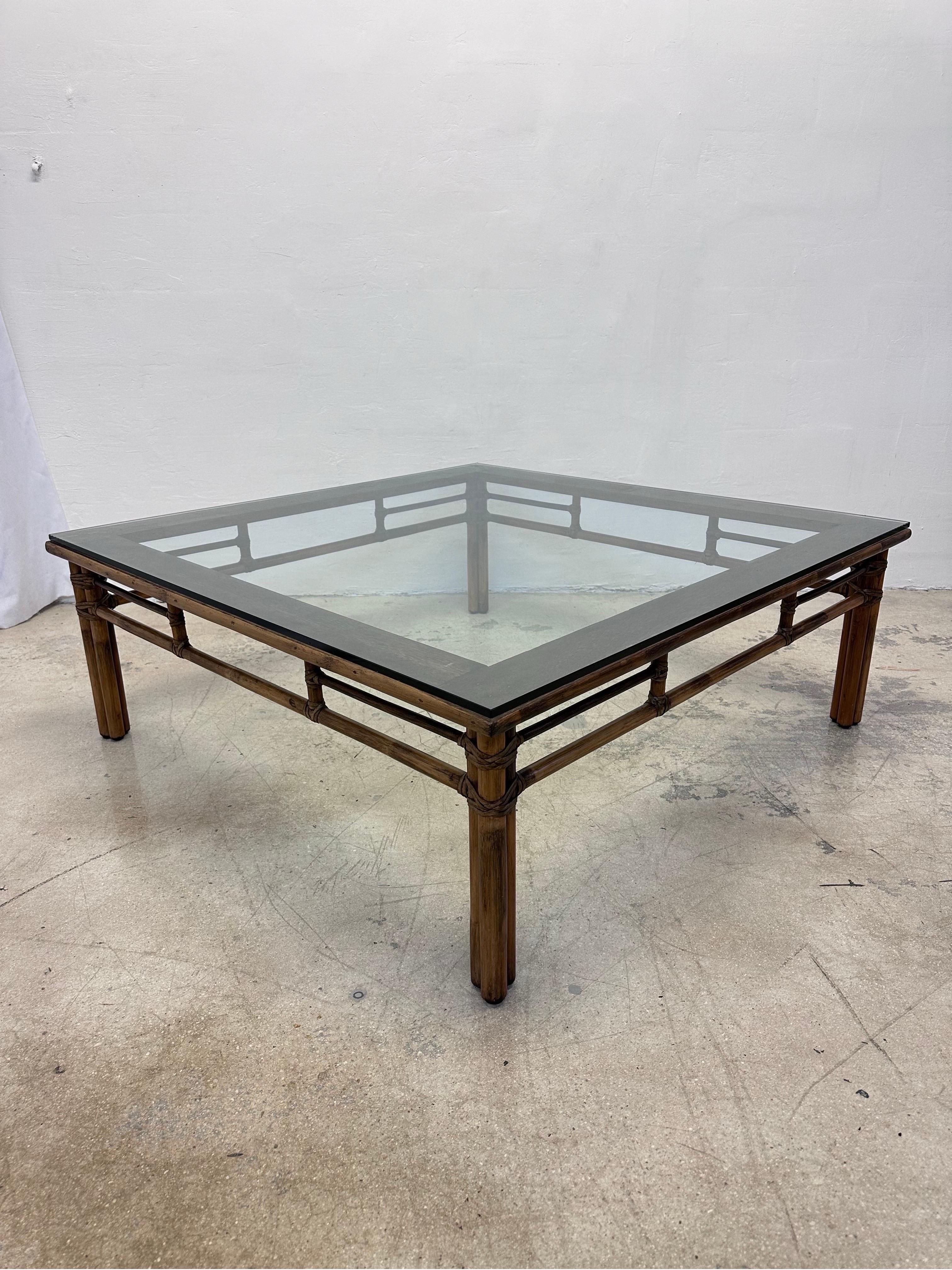 McGuire Mid-Century Rattan and Glass Top Square Coffee Table 4