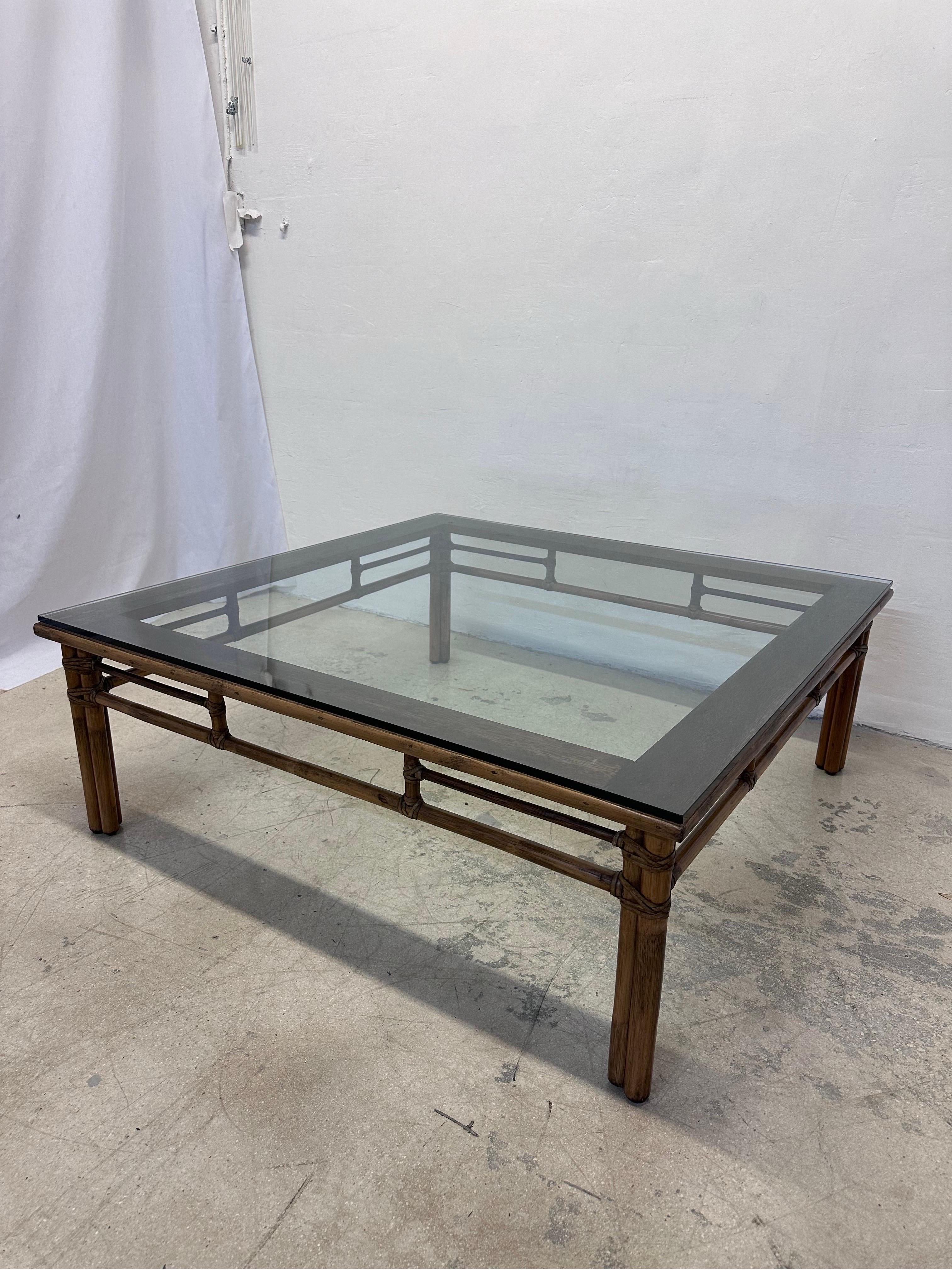 American McGuire Mid-Century Rattan and Glass Top Square Coffee Table