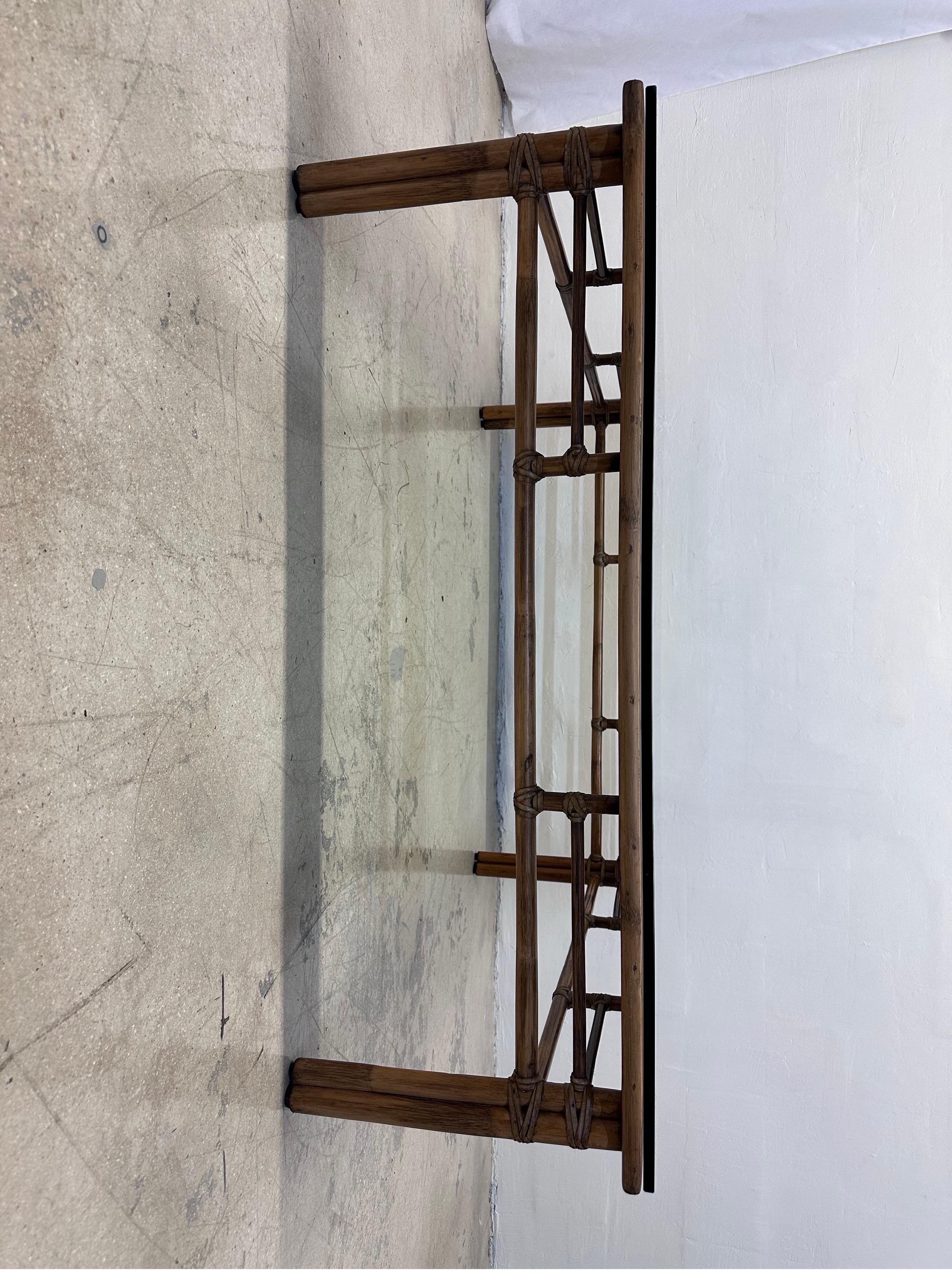 McGuire Mid-Century Rattan and Glass Top Square Coffee Table In Good Condition In Miami, FL