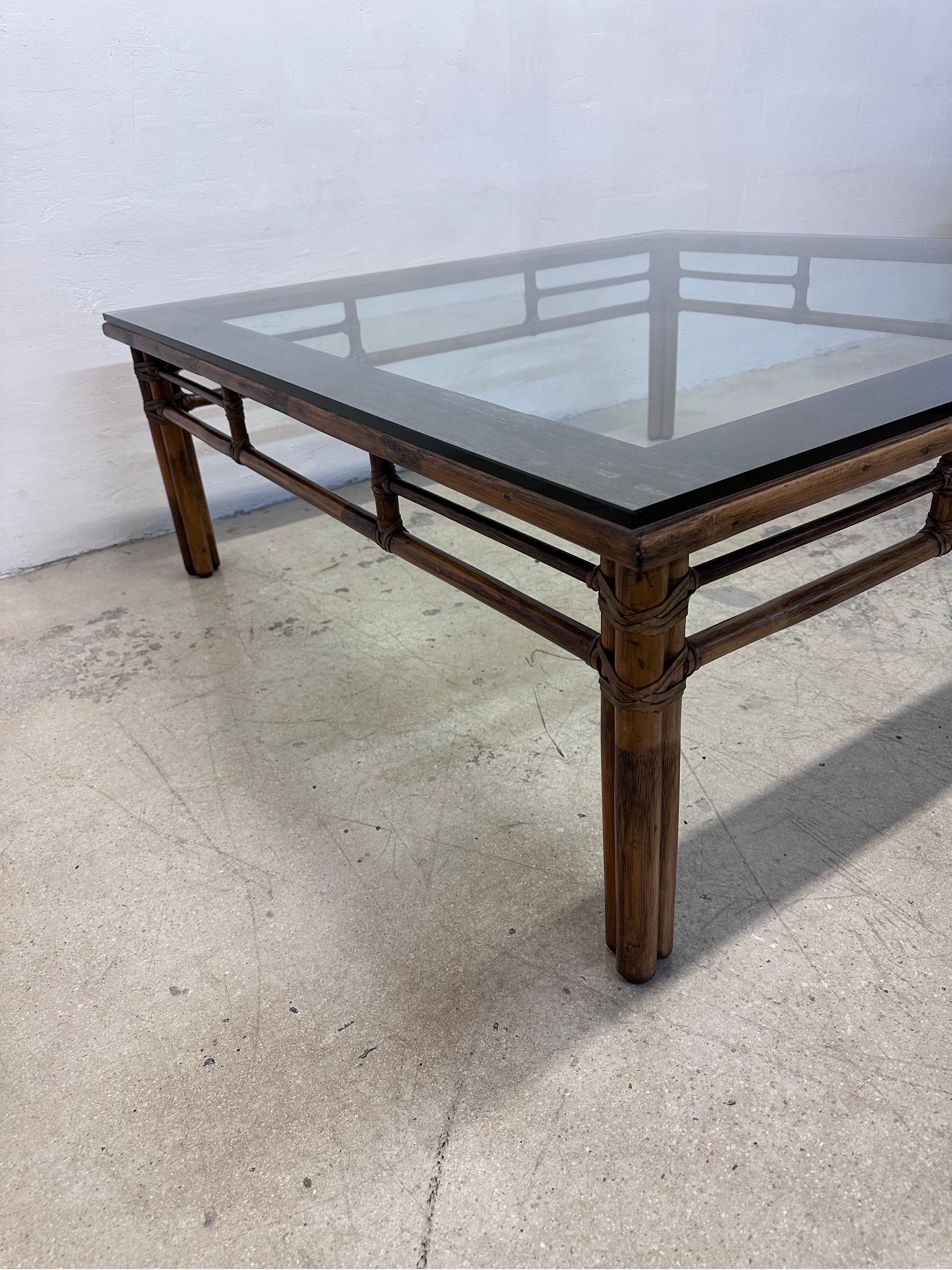 20th Century McGuire Mid-Century Rattan and Glass Top Square Coffee Table