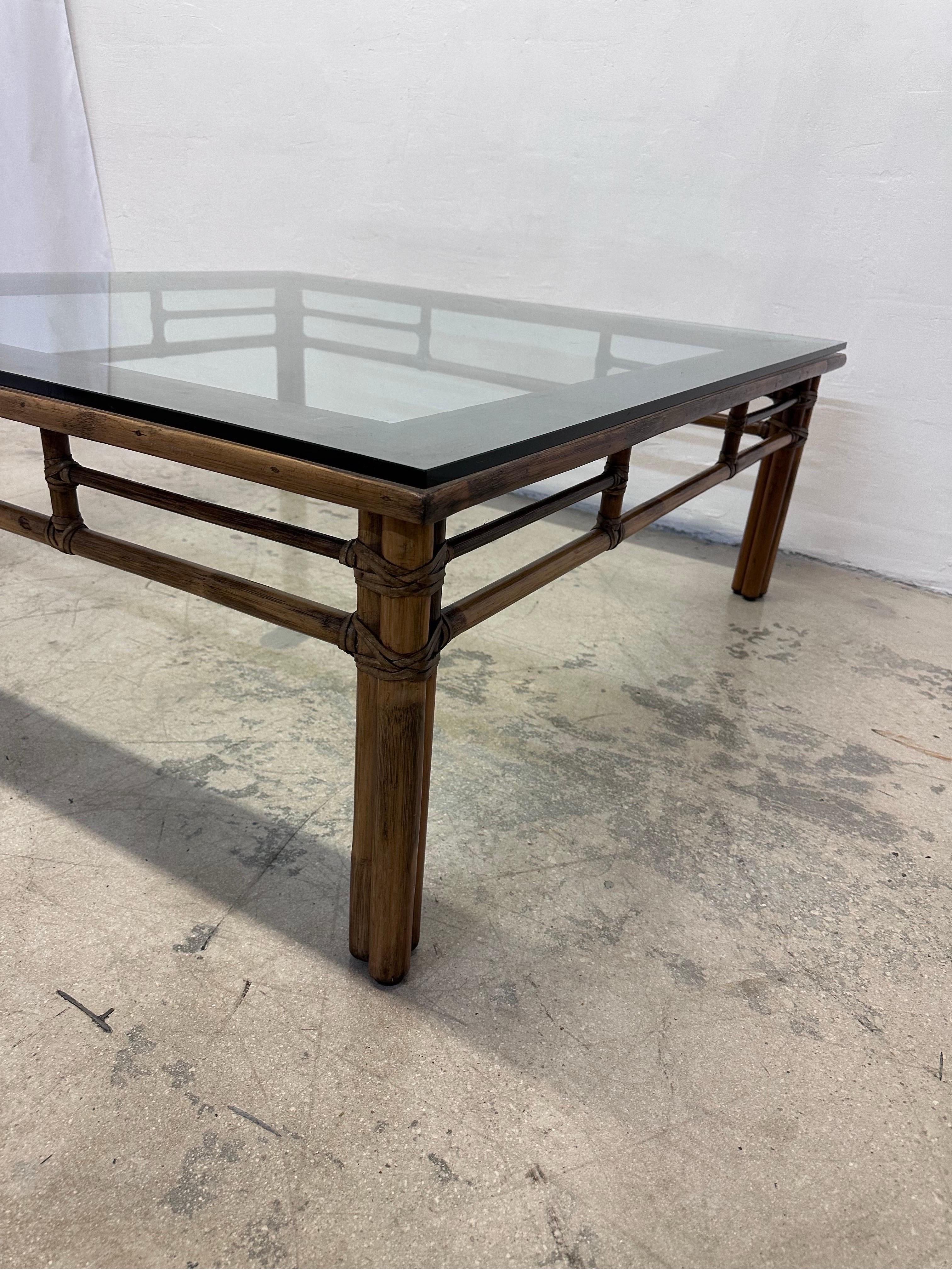 McGuire Mid-Century Rattan and Glass Top Square Coffee Table 1