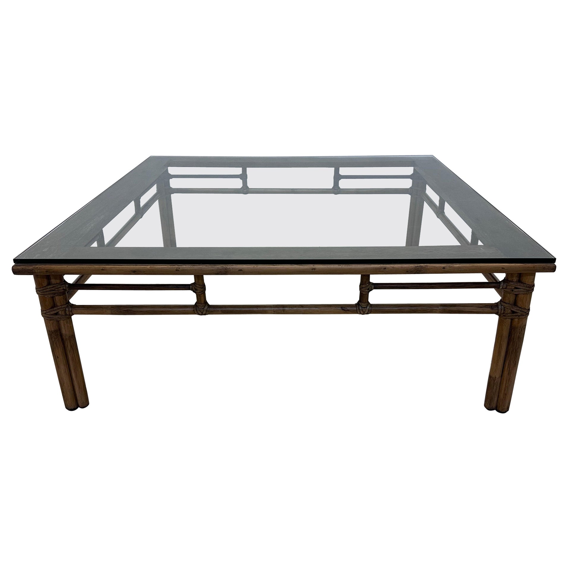 McGuire Mid-Century Rattan and Glass Top Square Coffee Table