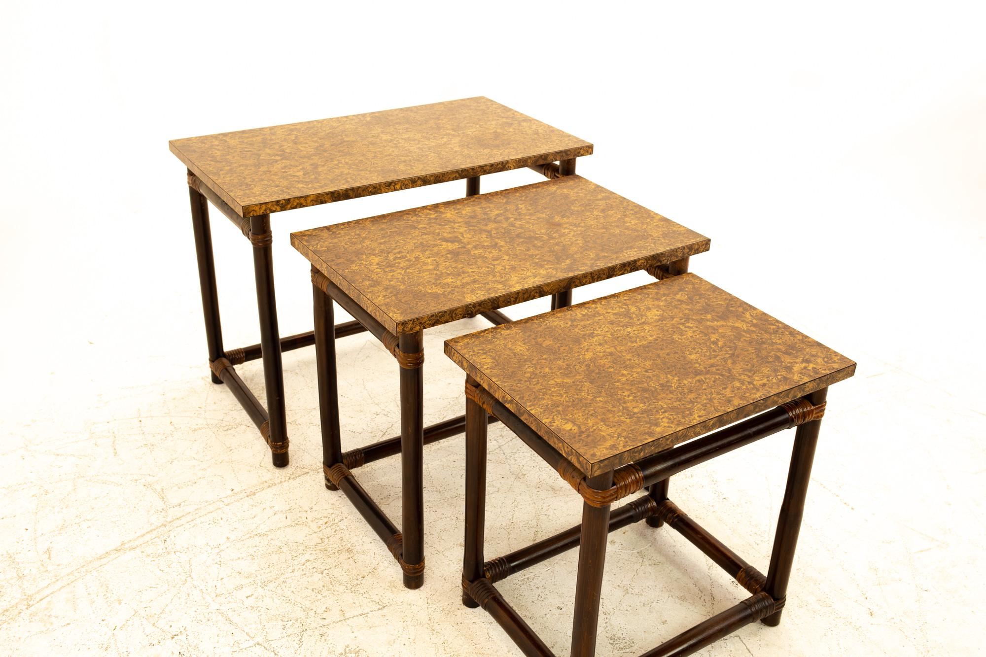 Mid-Century Modern McGuire of California Style MCM Bamboo/Burl Wood Laminate Nesting Tables