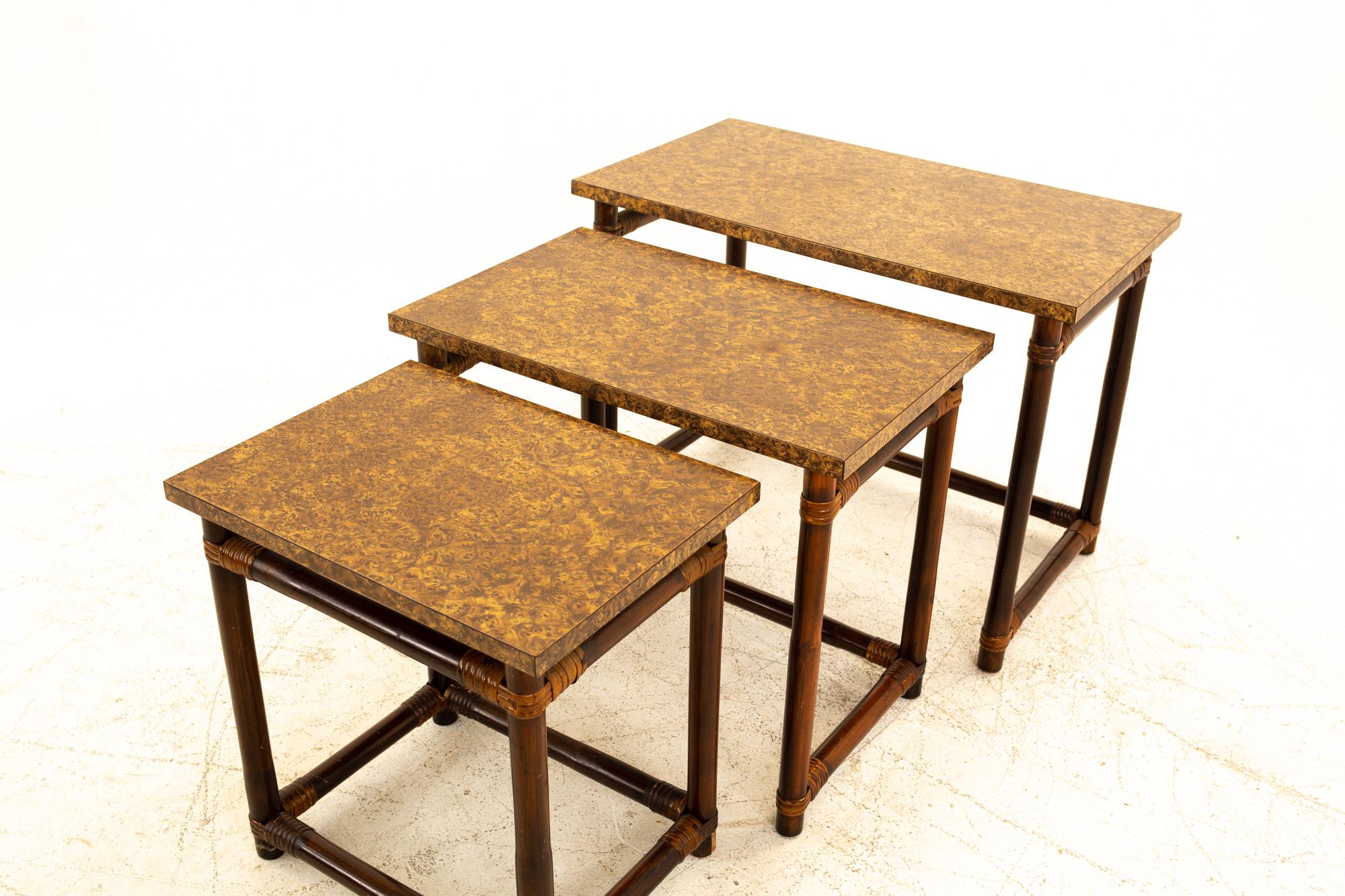 American McGuire of California Style MCM Bamboo/Burl Wood Laminate Nesting Tables