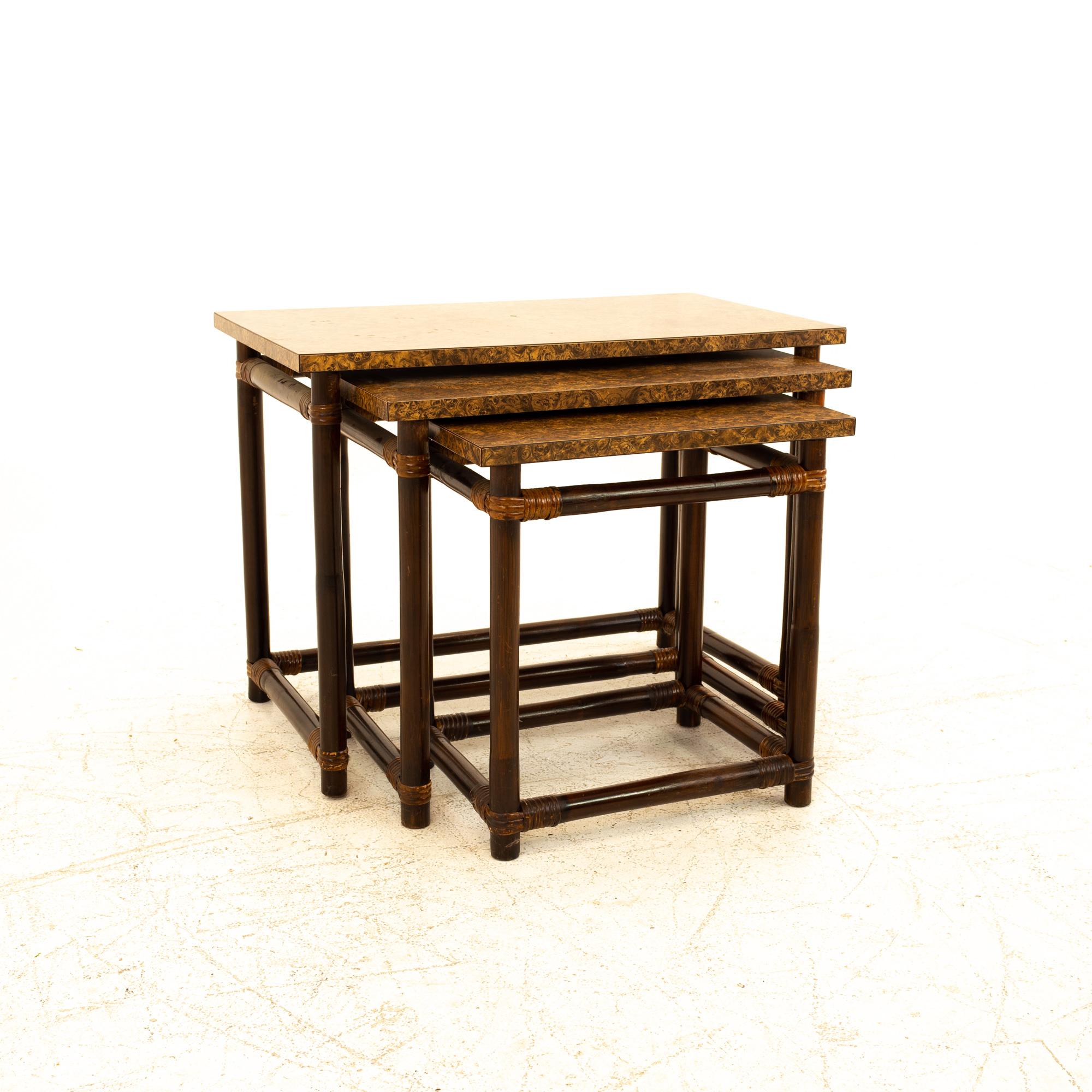 Late 20th Century McGuire of California Style MCM Bamboo/Burl Wood Laminate Nesting Tables