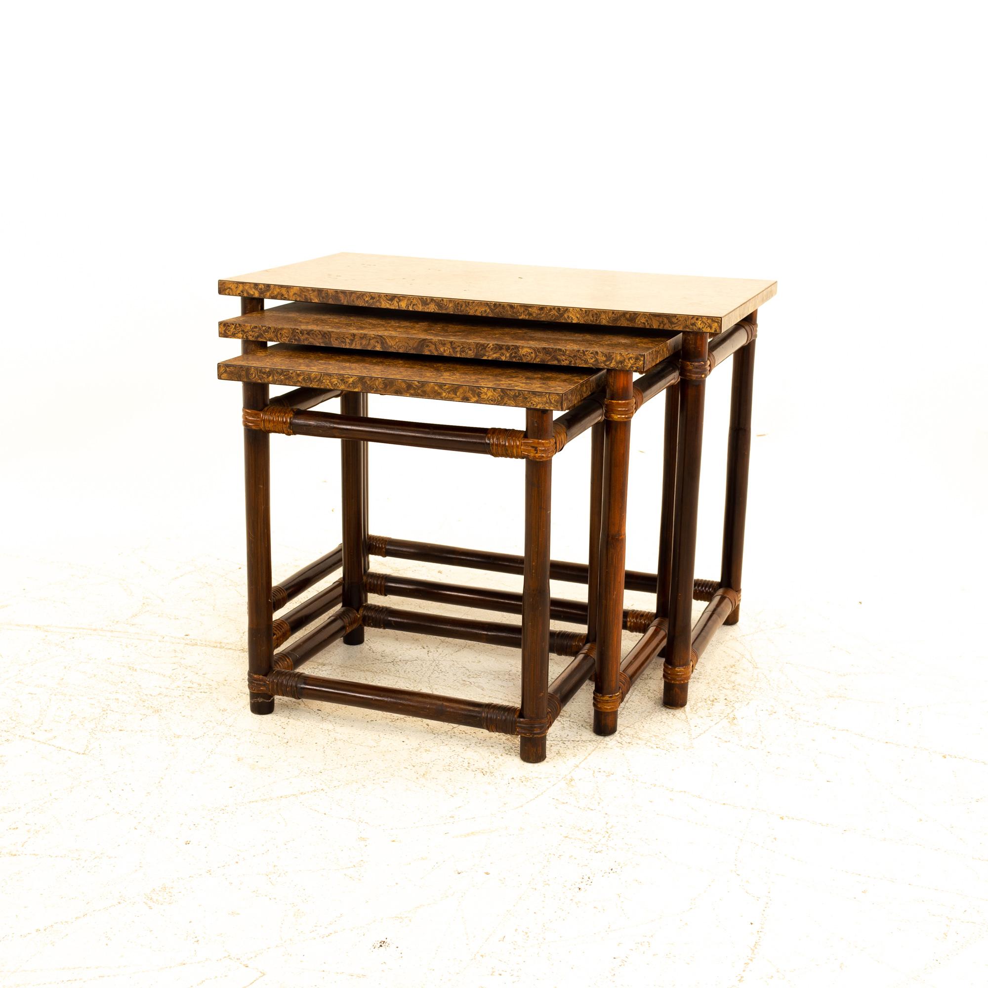 McGuire of California Style MCM Bamboo/Burl Wood Laminate Nesting Tables 1