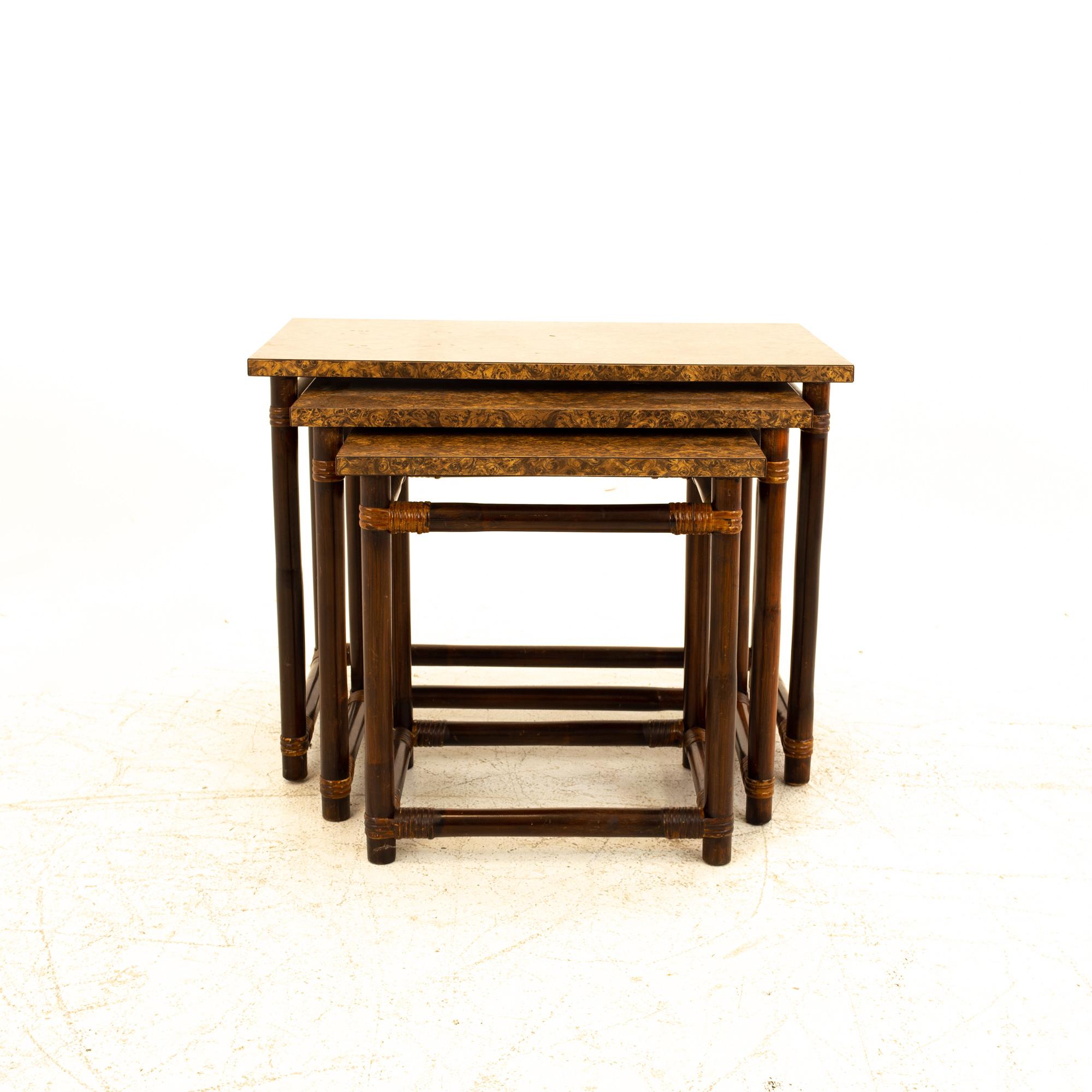 McGuire of California Style MCM Bamboo/Burl Wood Laminate Nesting Tables 2