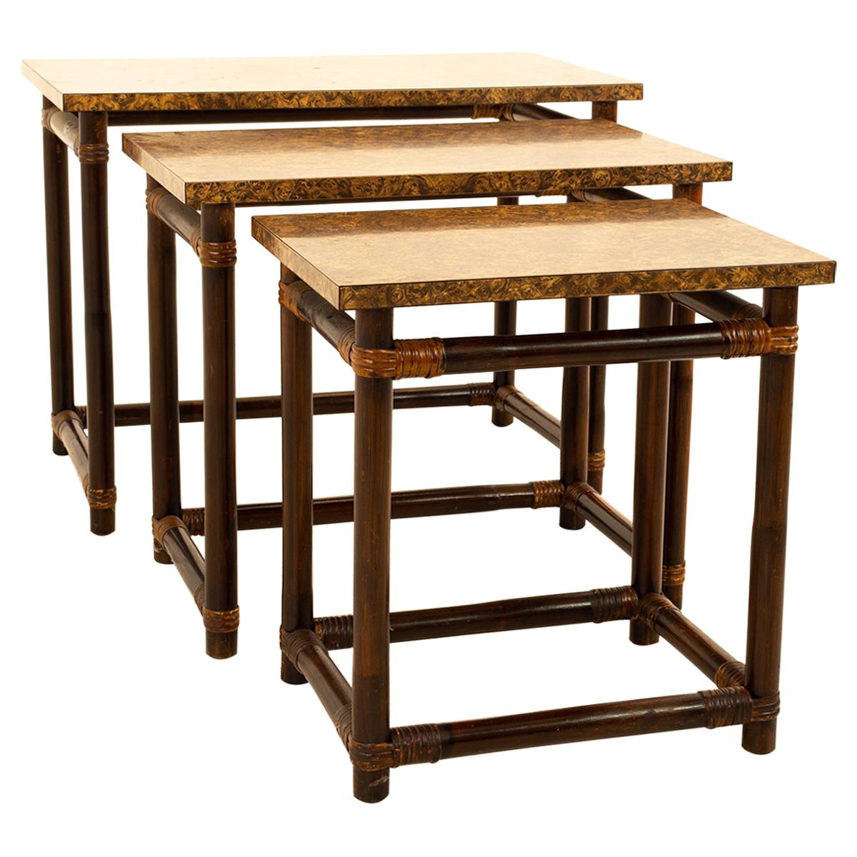 McGuire of California Style MCM Bamboo/Burl Wood Laminate Nesting Tables