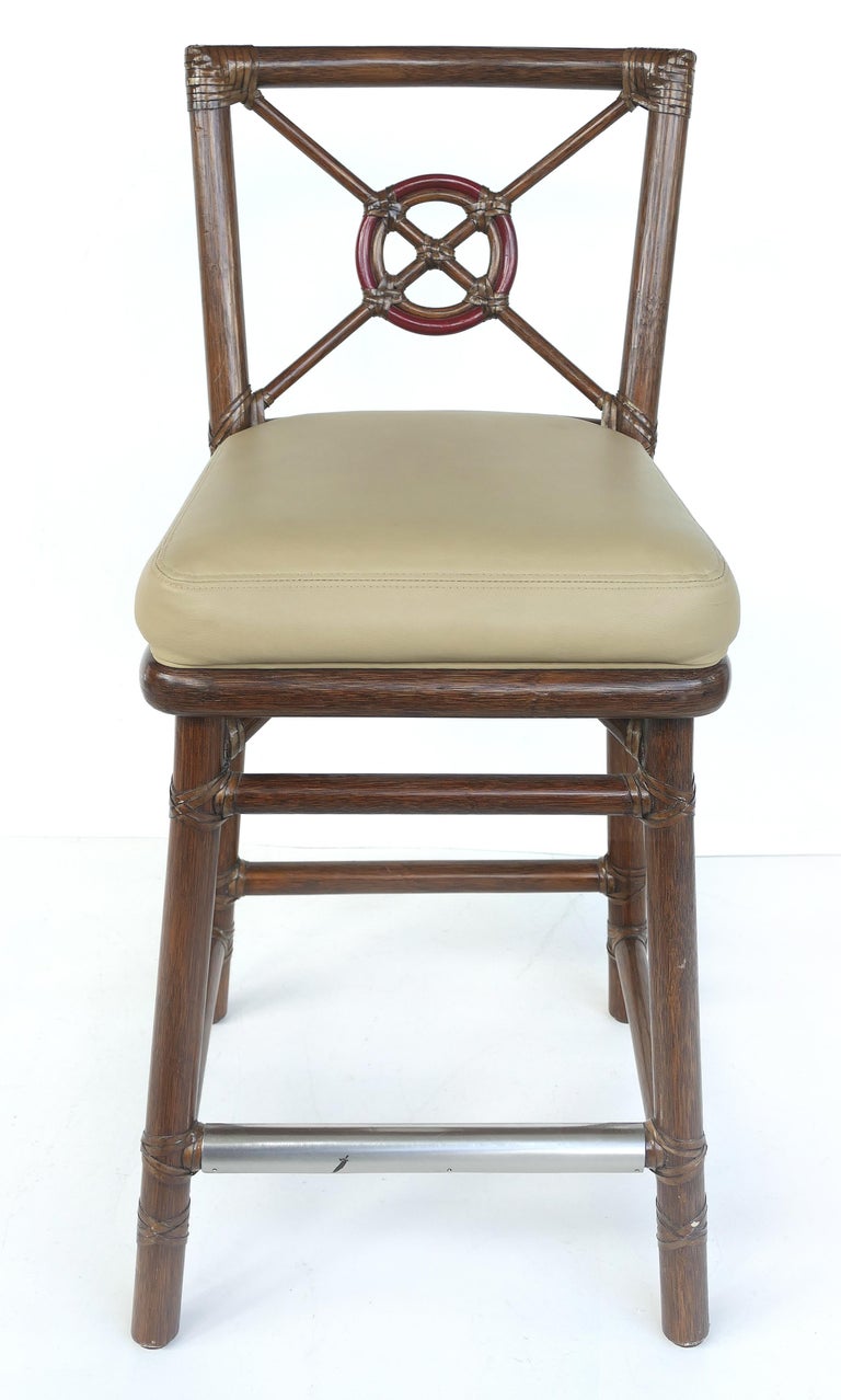 McGuire Rattan and Leather Counter Bar Stools, Set of Three For Sale at 1stDibs
