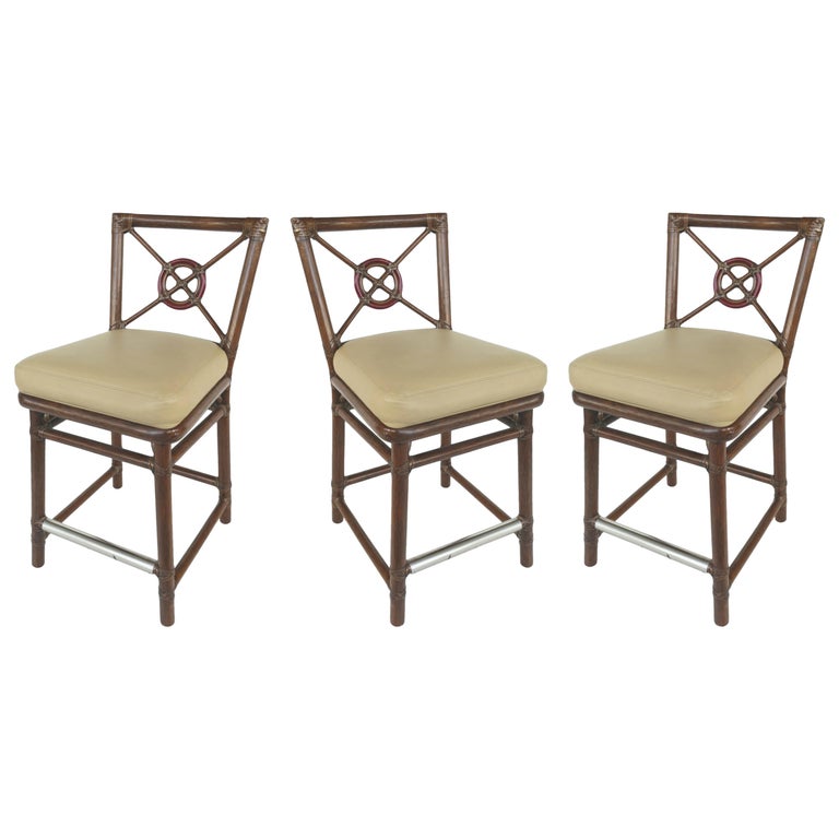Mcguire Rattan And Leather Counter Bar Stools Set Of Three For