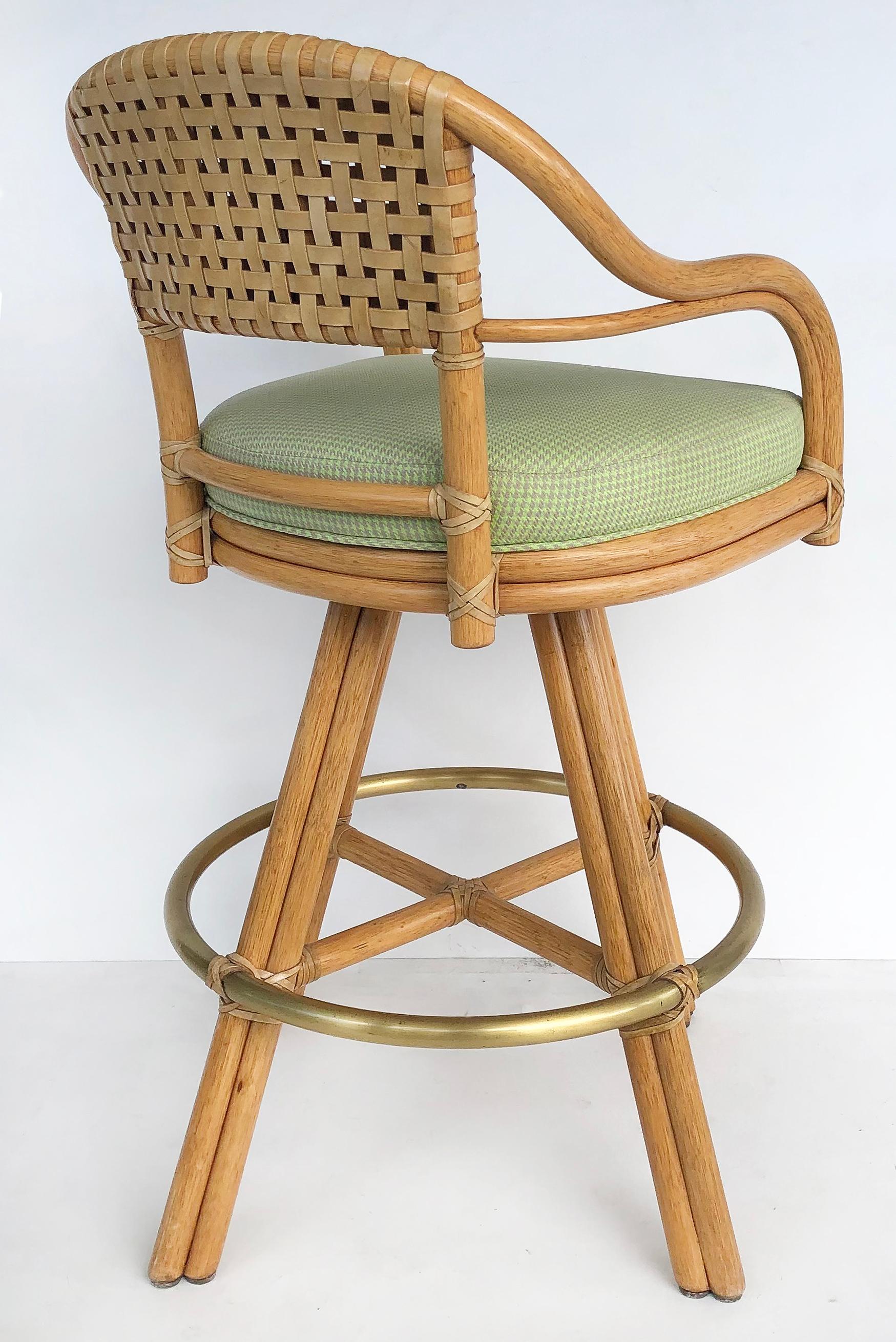 McGuire of San Francisco Swivel Bar Stools in Rattan, Leather & Brass, Set of 3 In Good Condition In Miami, FL
