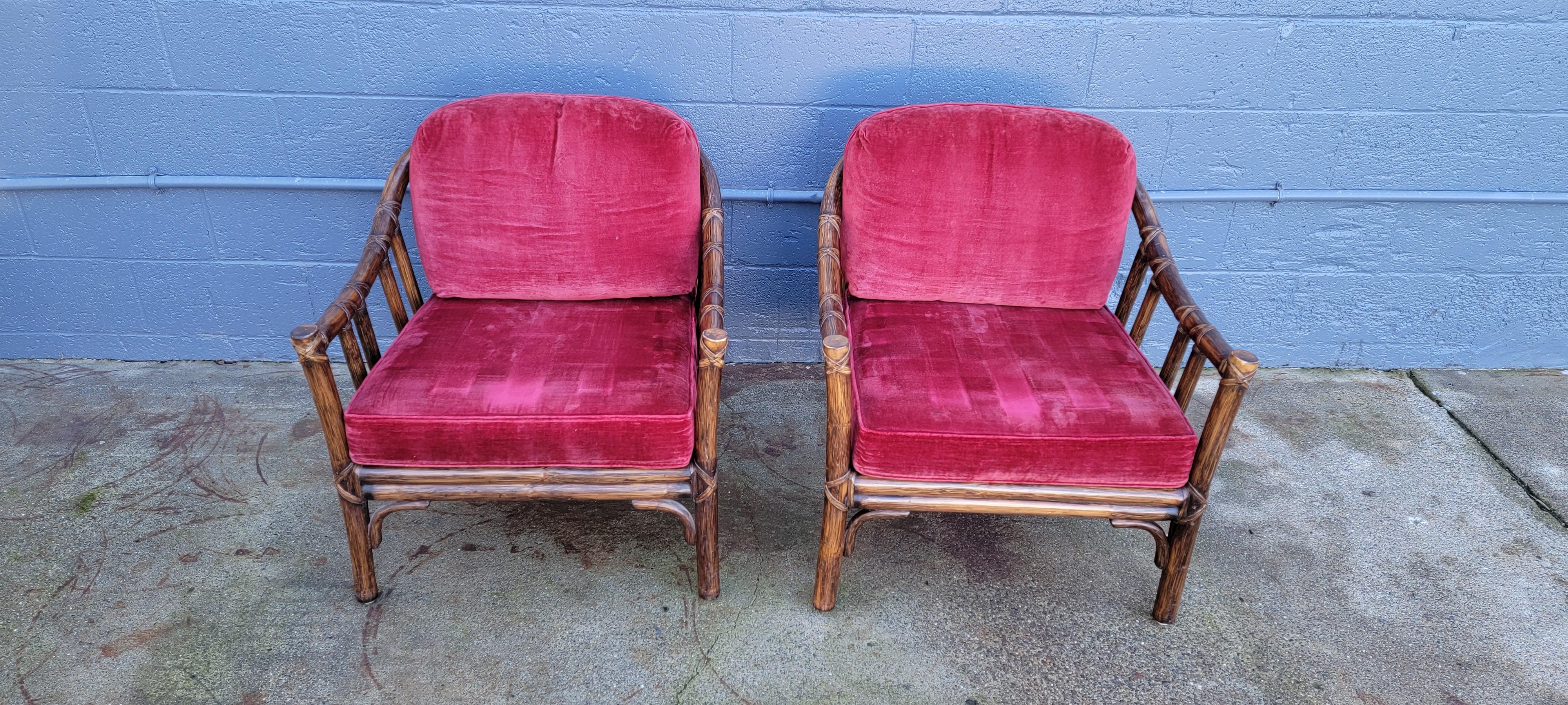 20th Century McGuire Furniture Rattan Bamboo Lounge Chairs A Pair