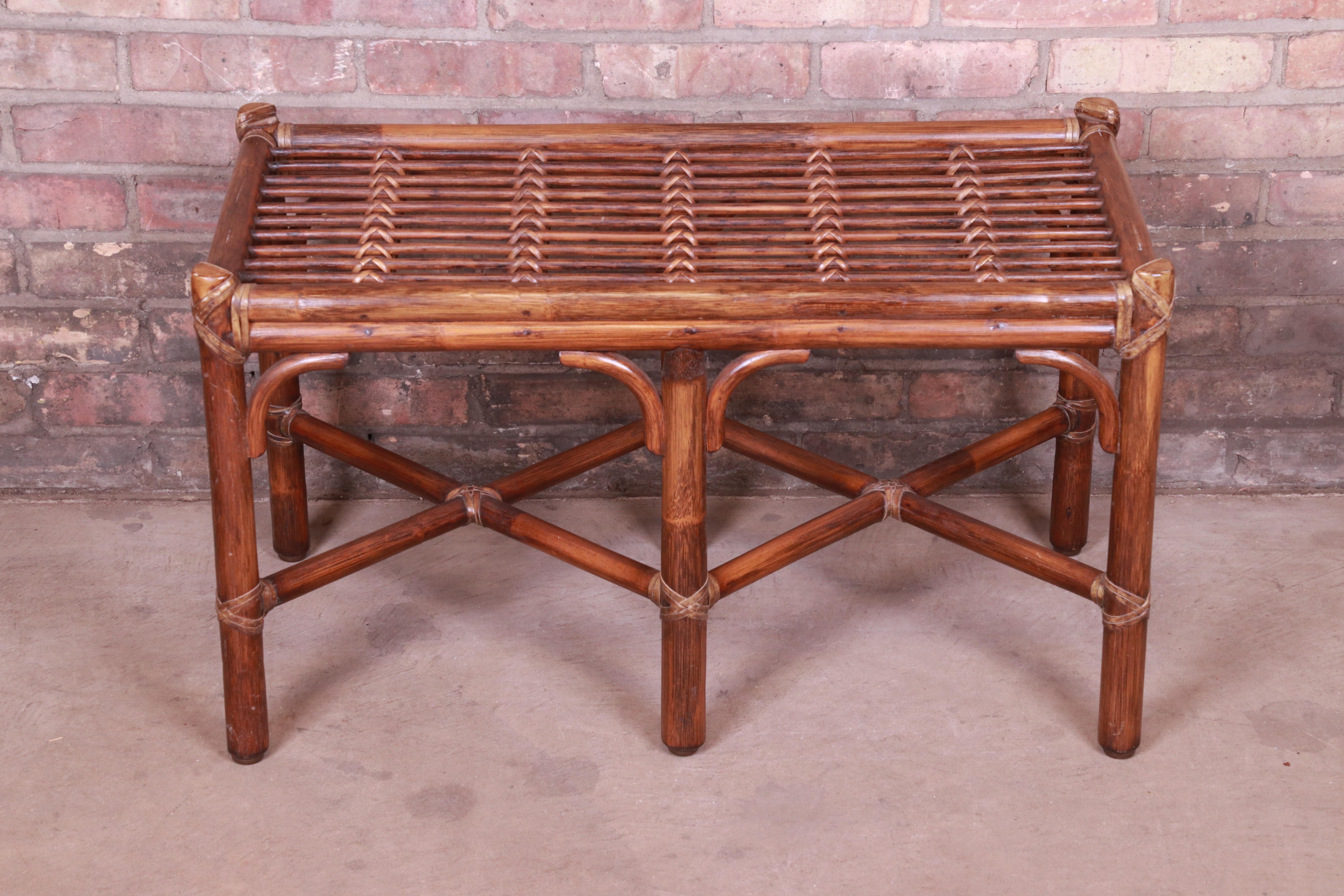 An exceptional midcentury organic modern coffee table

By McGuire

USA, 1970s

Bamboo, rattan, and leather.

Measures: 31.25