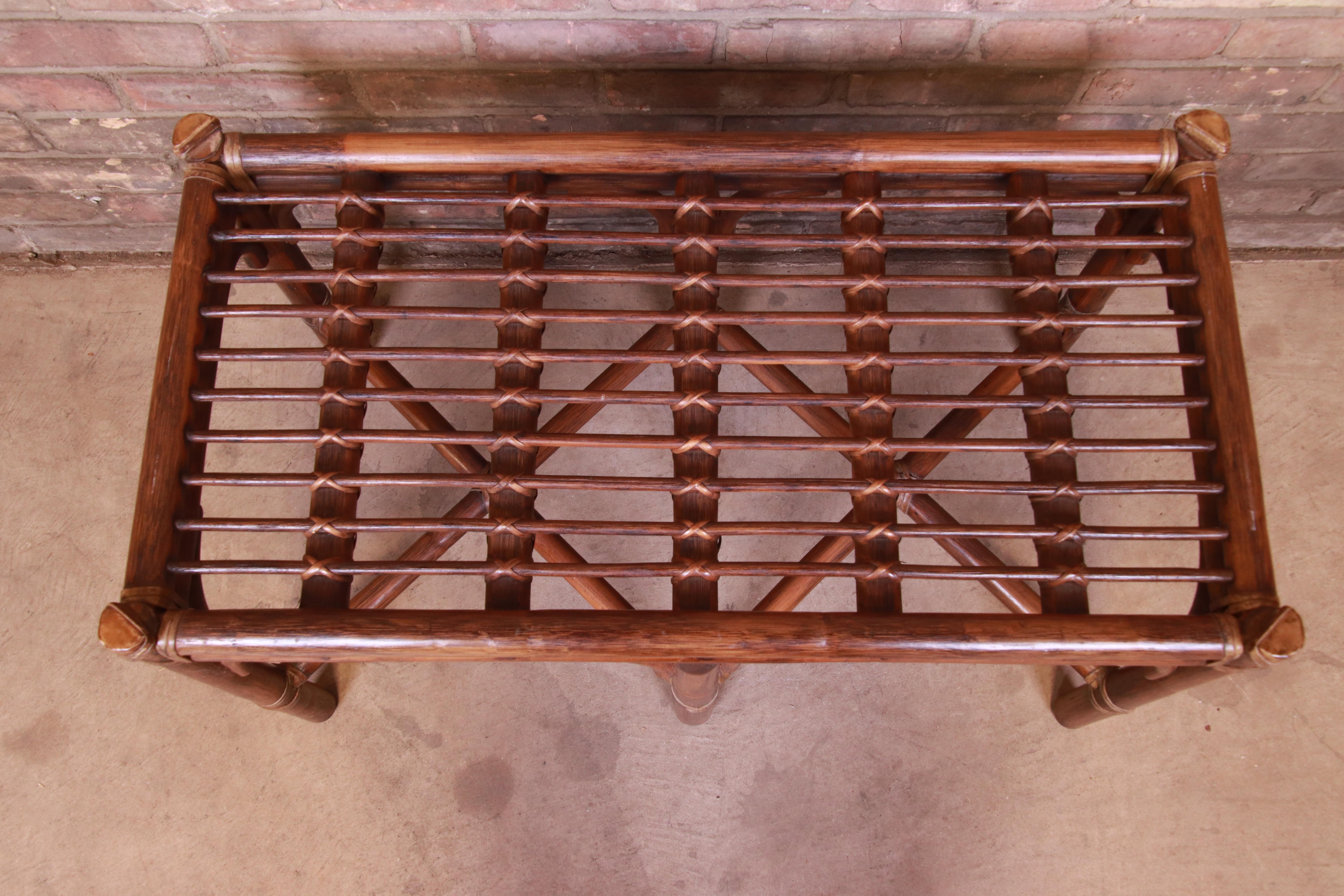 American McGuire Organic Modern Bamboo, Rattan, and Leather Coffee Table, 1970s