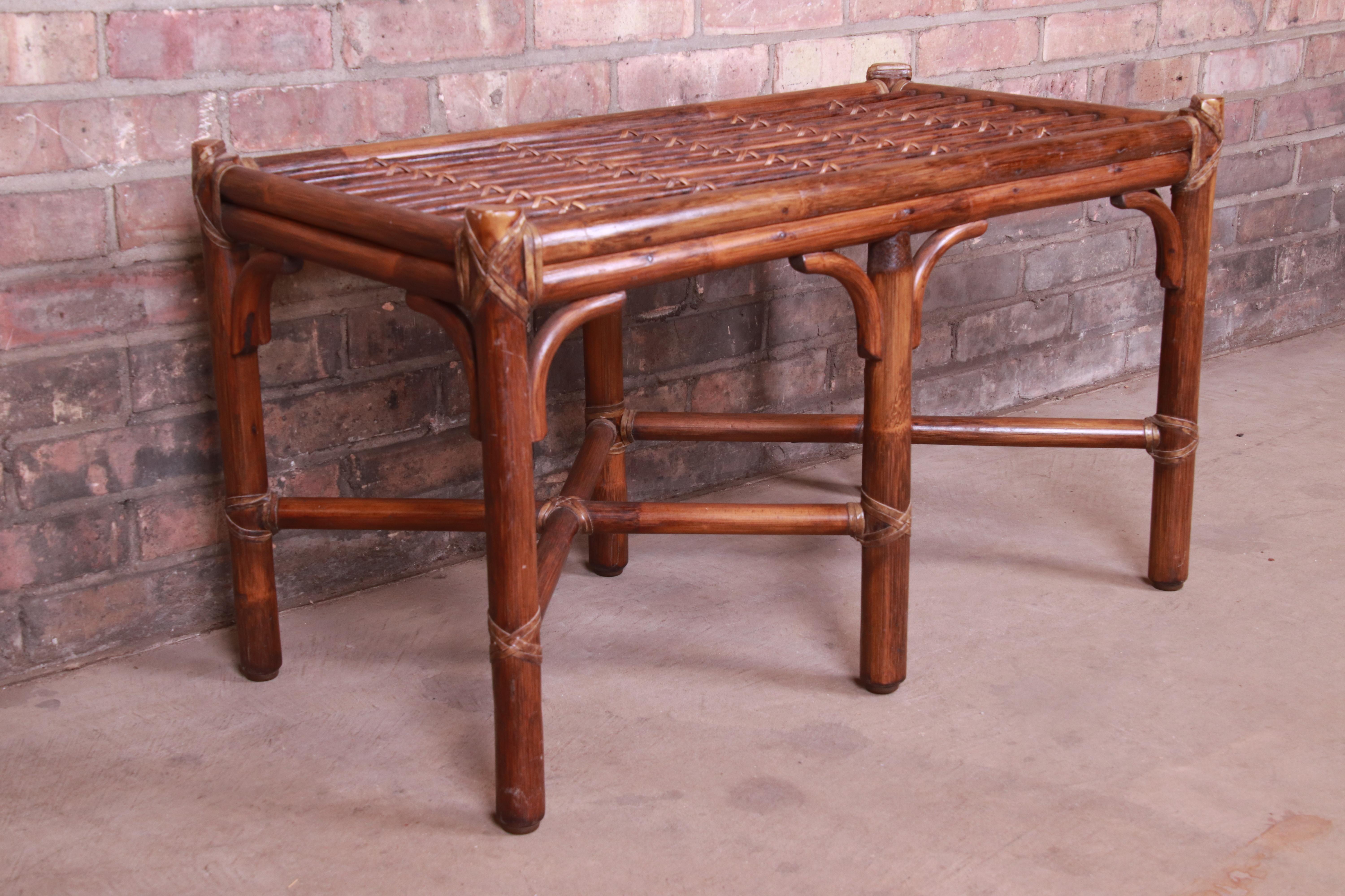 McGuire Organic Modern Bamboo, Rattan, and Leather Coffee Table, 1970s In Good Condition In South Bend, IN