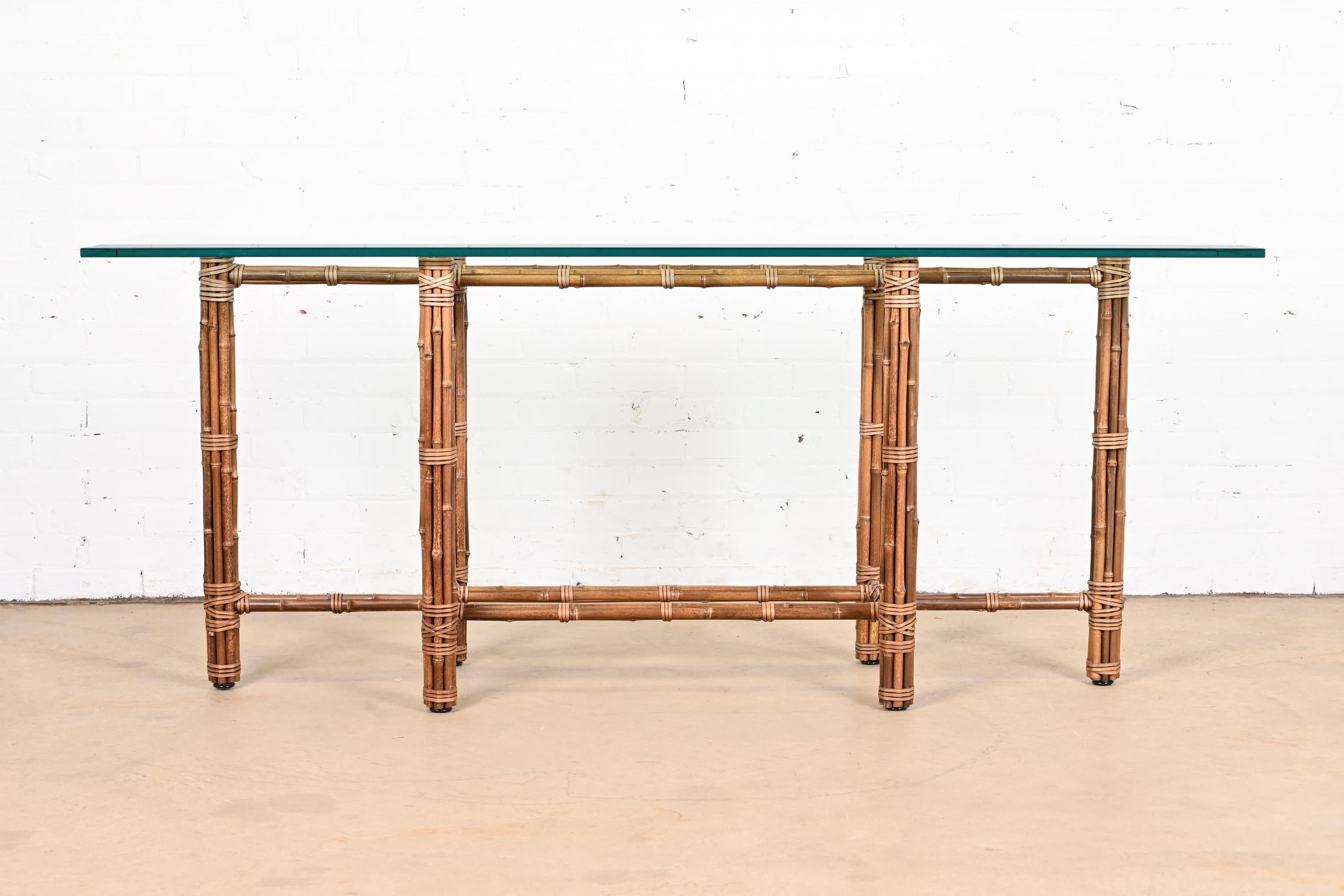 McGuire Organic Modern Bamboo Rattan and Leather Glass Top Console Table, 1970s 5