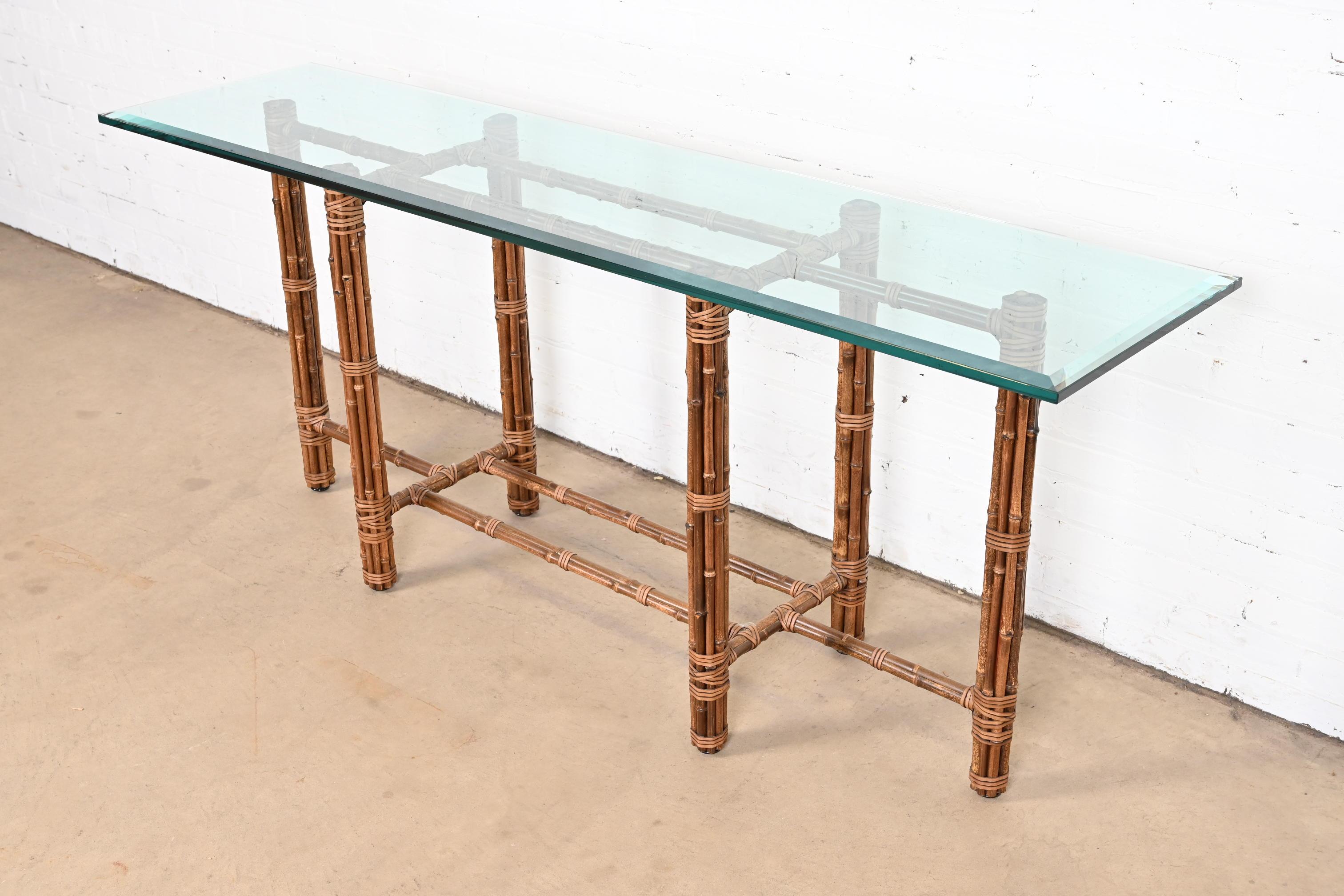 Mid-Century Modern McGuire Organic Modern Bamboo Rattan and Leather Glass Top Console Table, 1970s