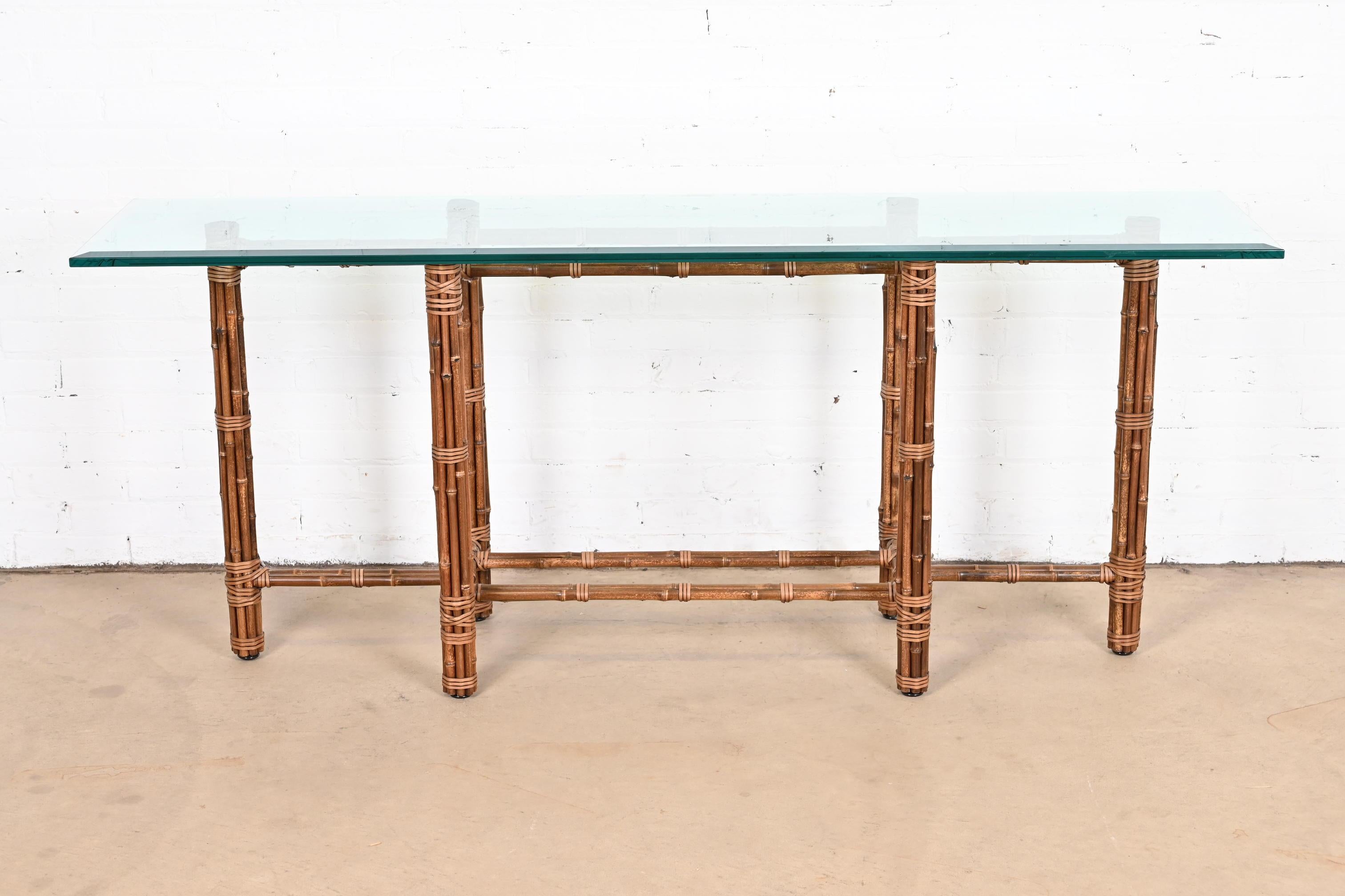American McGuire Organic Modern Bamboo Rattan and Leather Glass Top Console Table, 1970s