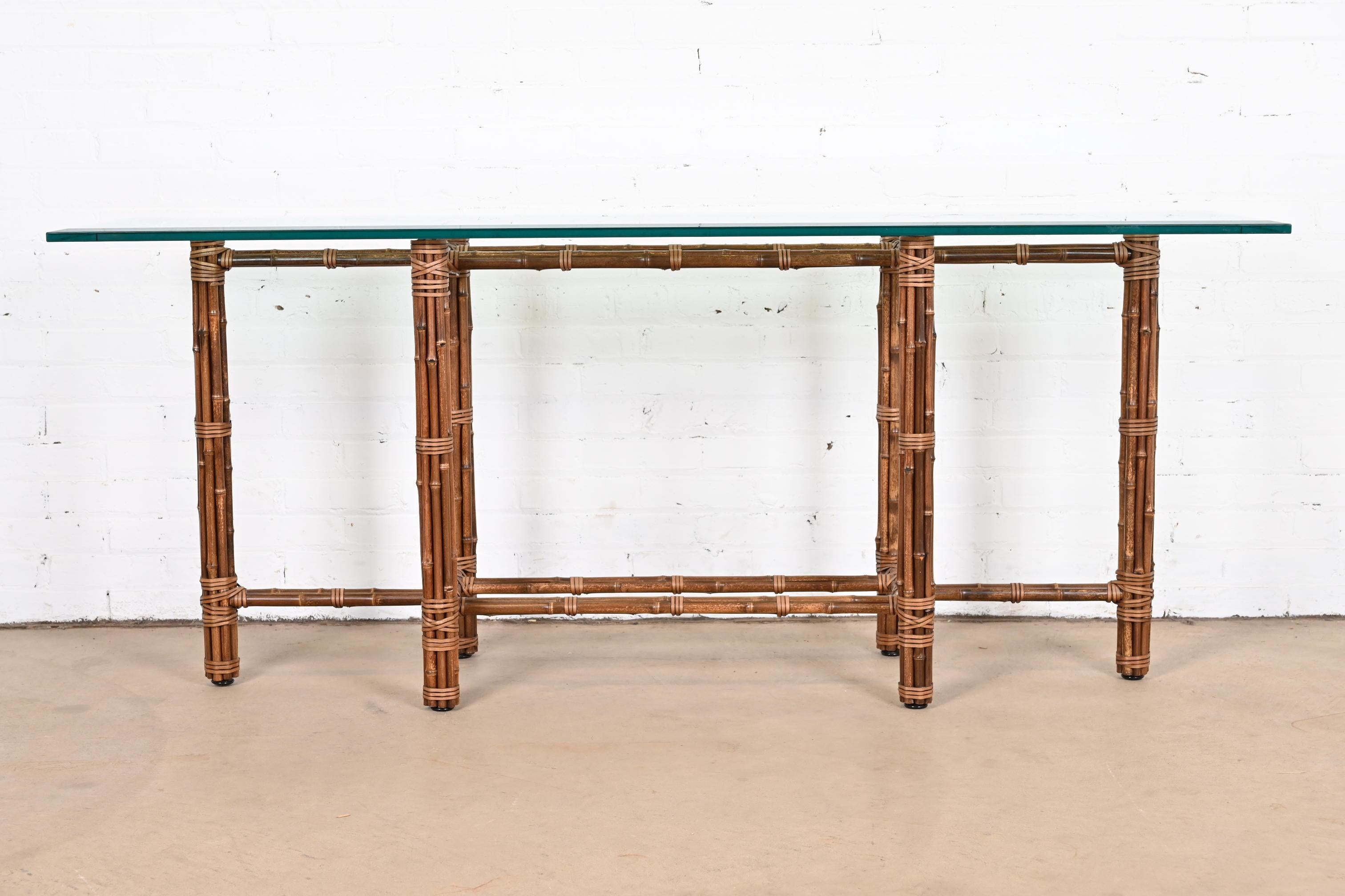 McGuire Organic Modern Bamboo Rattan and Leather Glass Top Console Table, 1970s In Good Condition In South Bend, IN