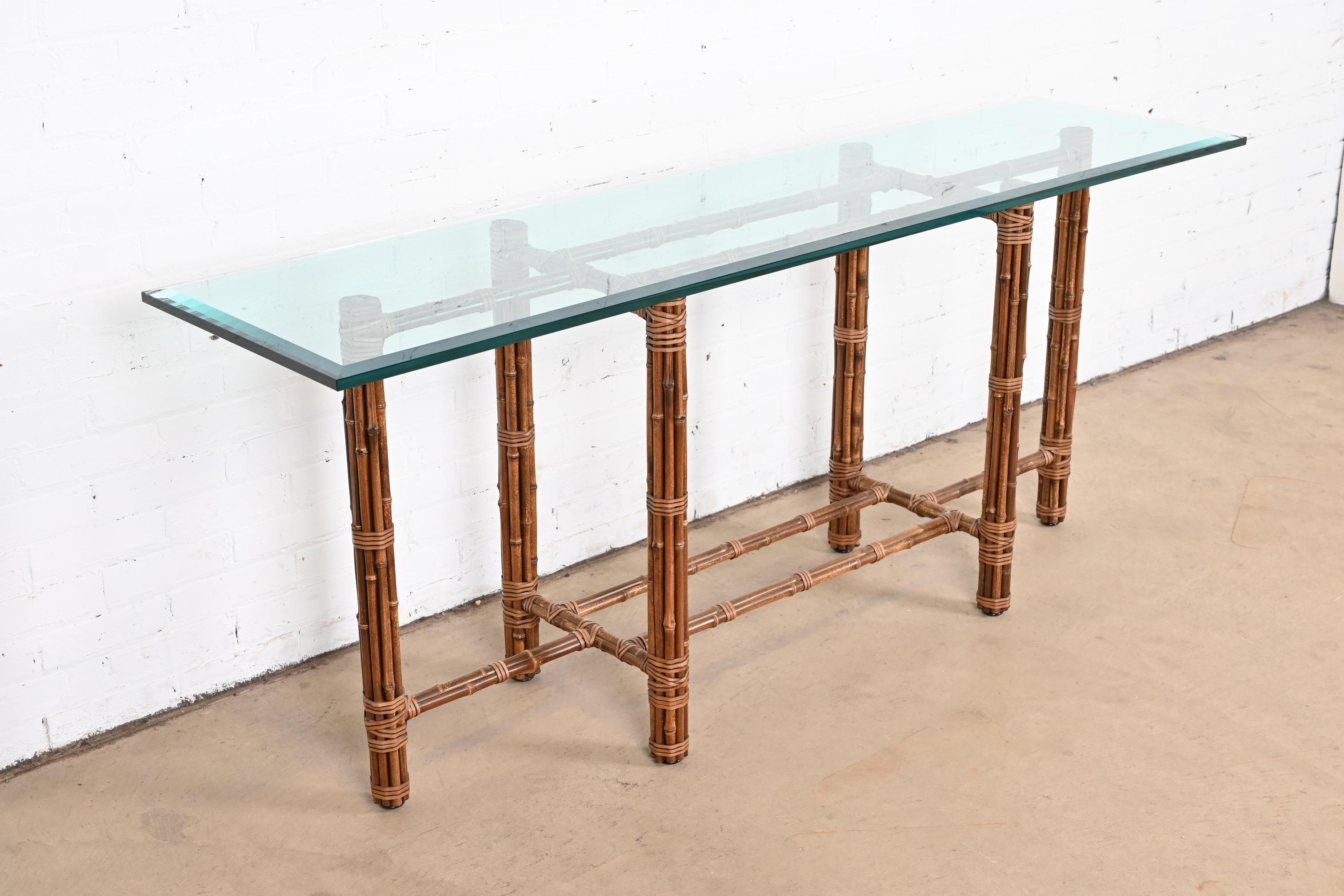 Late 20th Century McGuire Organic Modern Bamboo Rattan and Leather Glass Top Console Table, 1970s
