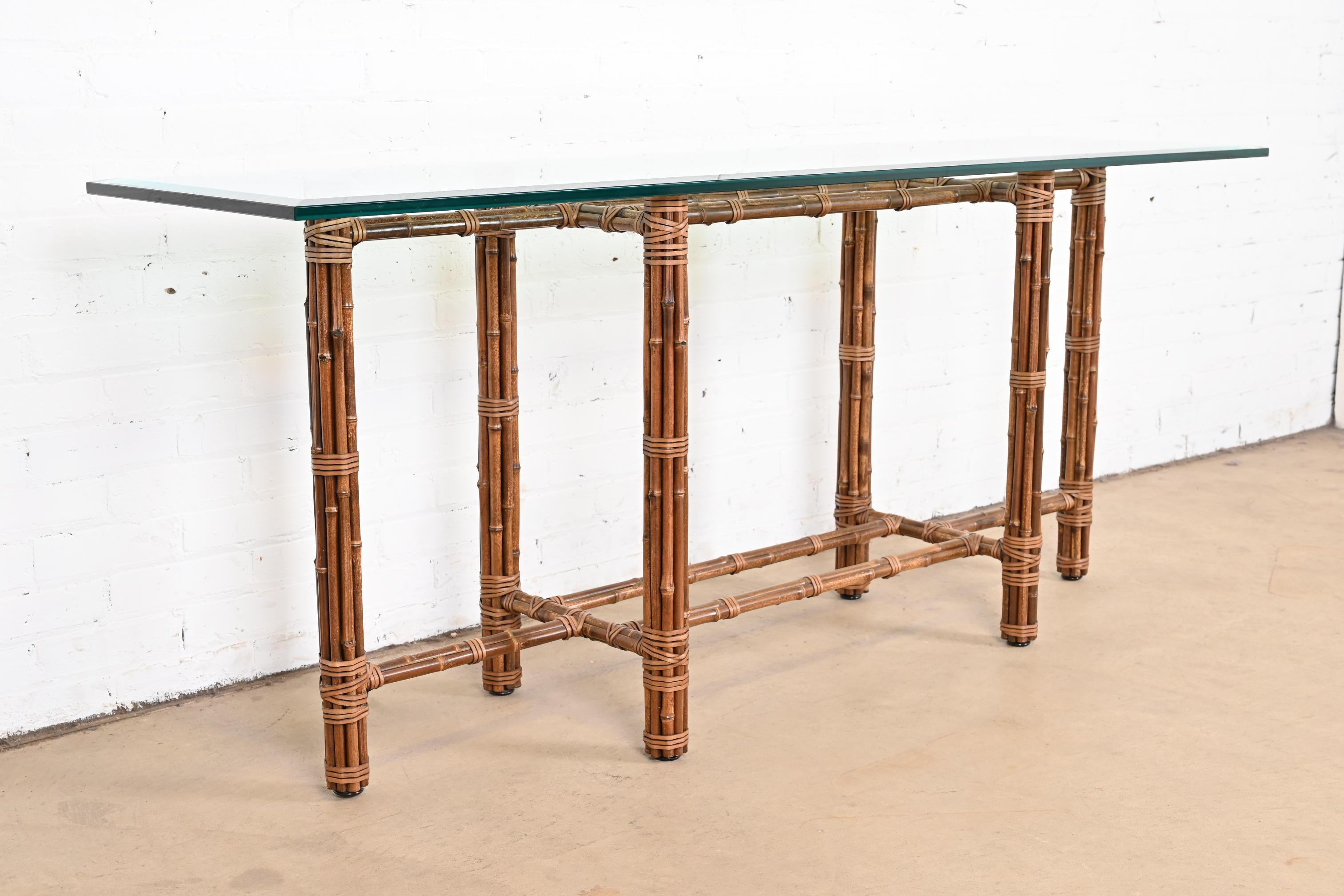 McGuire Organic Modern Bamboo Rattan and Leather Glass Top Console Table, 1970s 1