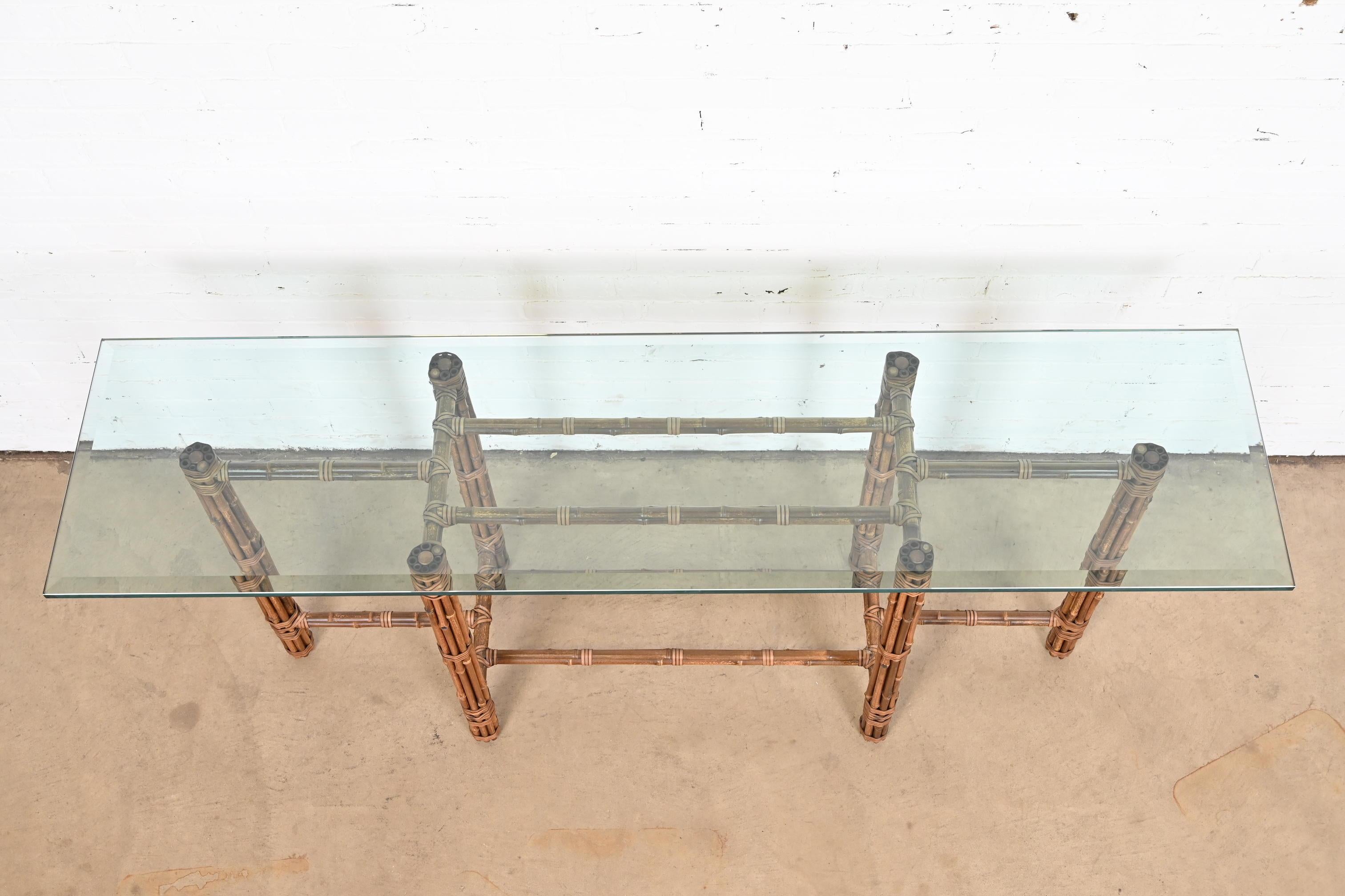 McGuire Organic Modern Bamboo Rattan and Leather Glass Top Console Table, 1970s 2
