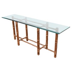 McGuire Organic Modern Bamboo Rattan and Leather Glass Top Console Table, 1970s