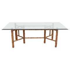 McGuire Organic Modern Bamboo, Rattan, and Leather Glass Top Dining Table, 1970s