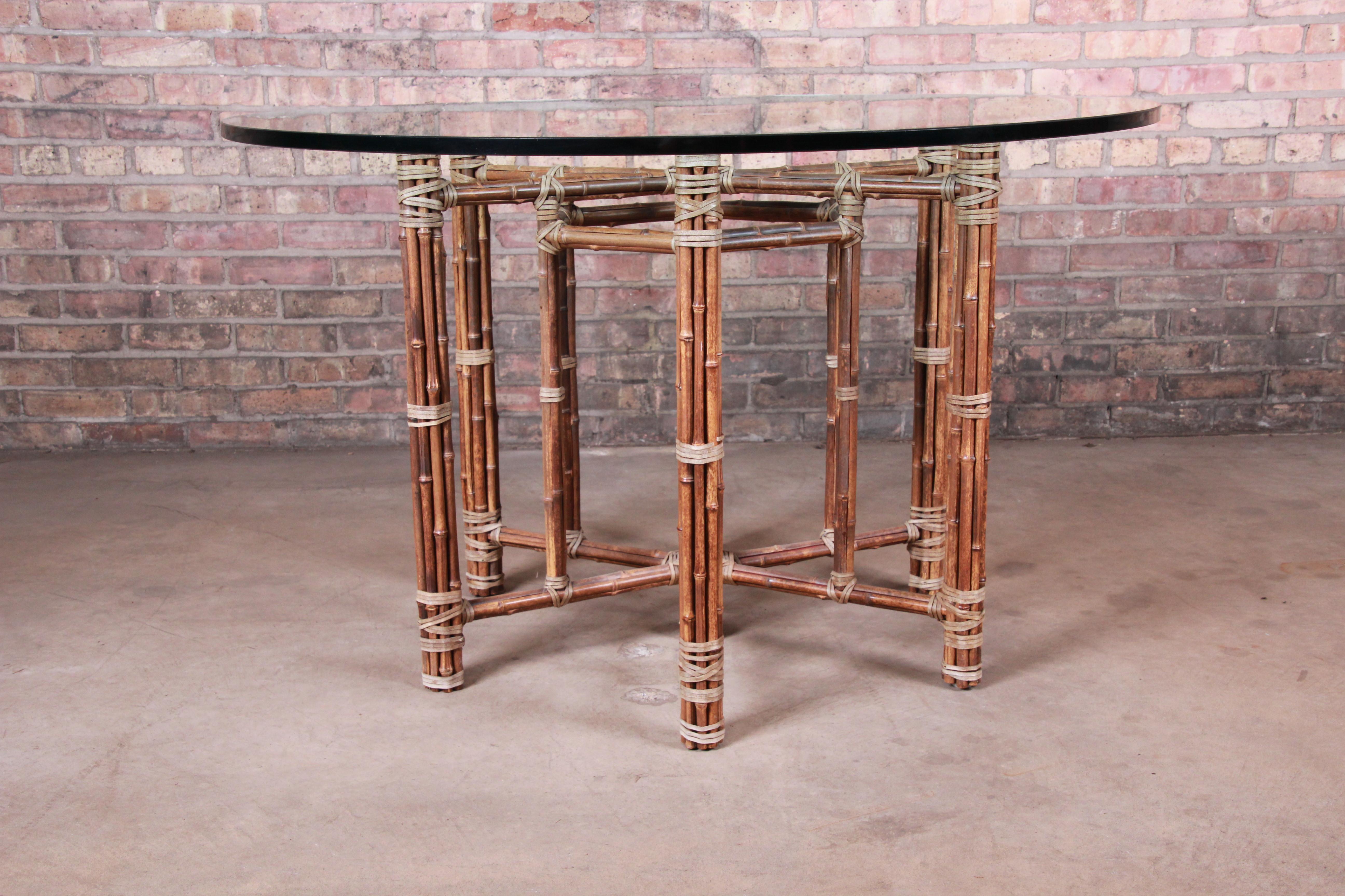Mid-Century Modern McGuire Organic Modern Bamboo, Rattan, and Leather Glass Top Dining Table