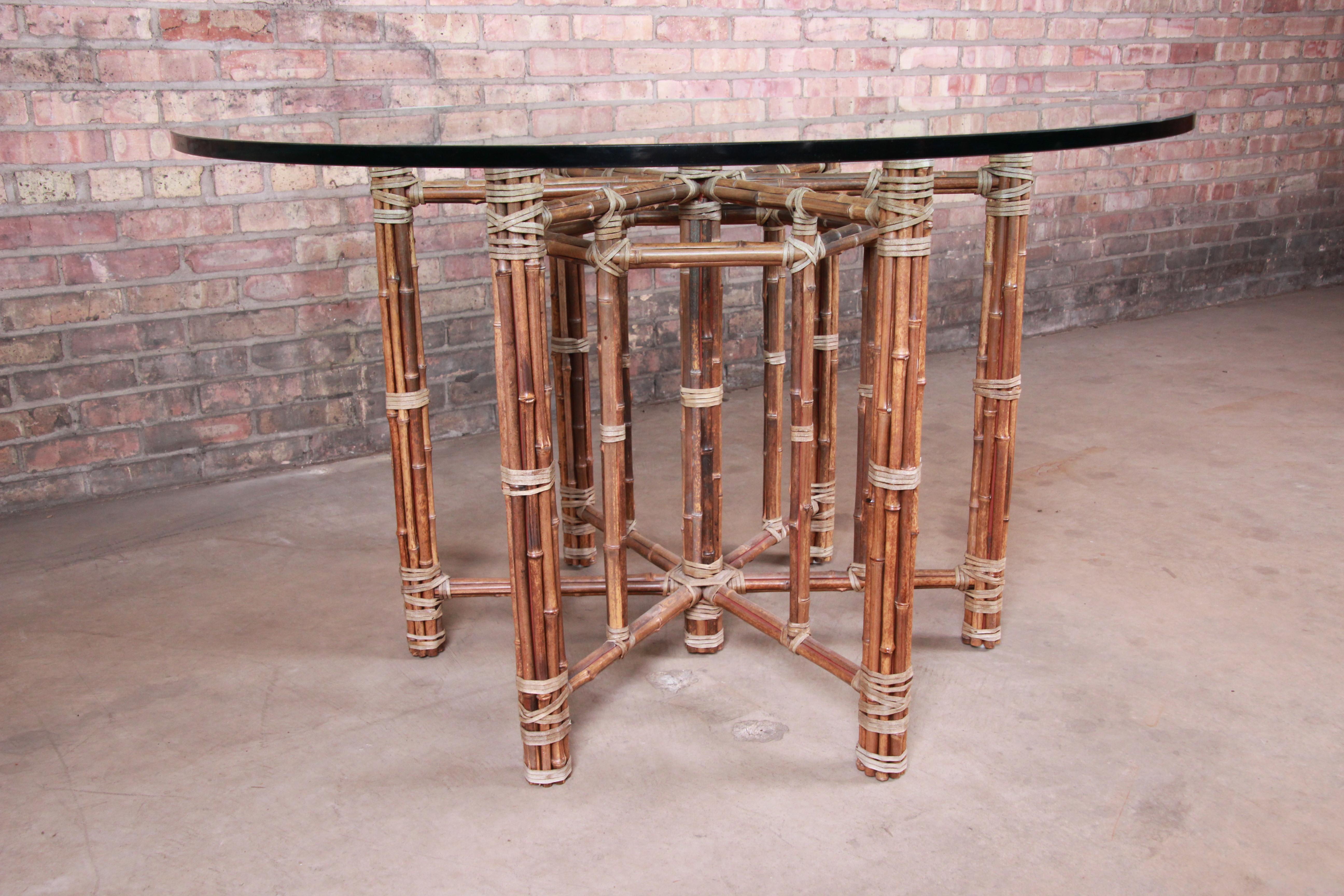 McGuire Organic Modern Bamboo, Rattan, and Leather Glass Top Dining Table In Good Condition In South Bend, IN