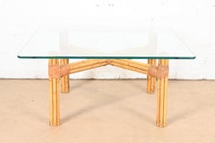 McGuire Organic Modern Bamboo Rattan Glass Top Coffee Table, Circa 1970s