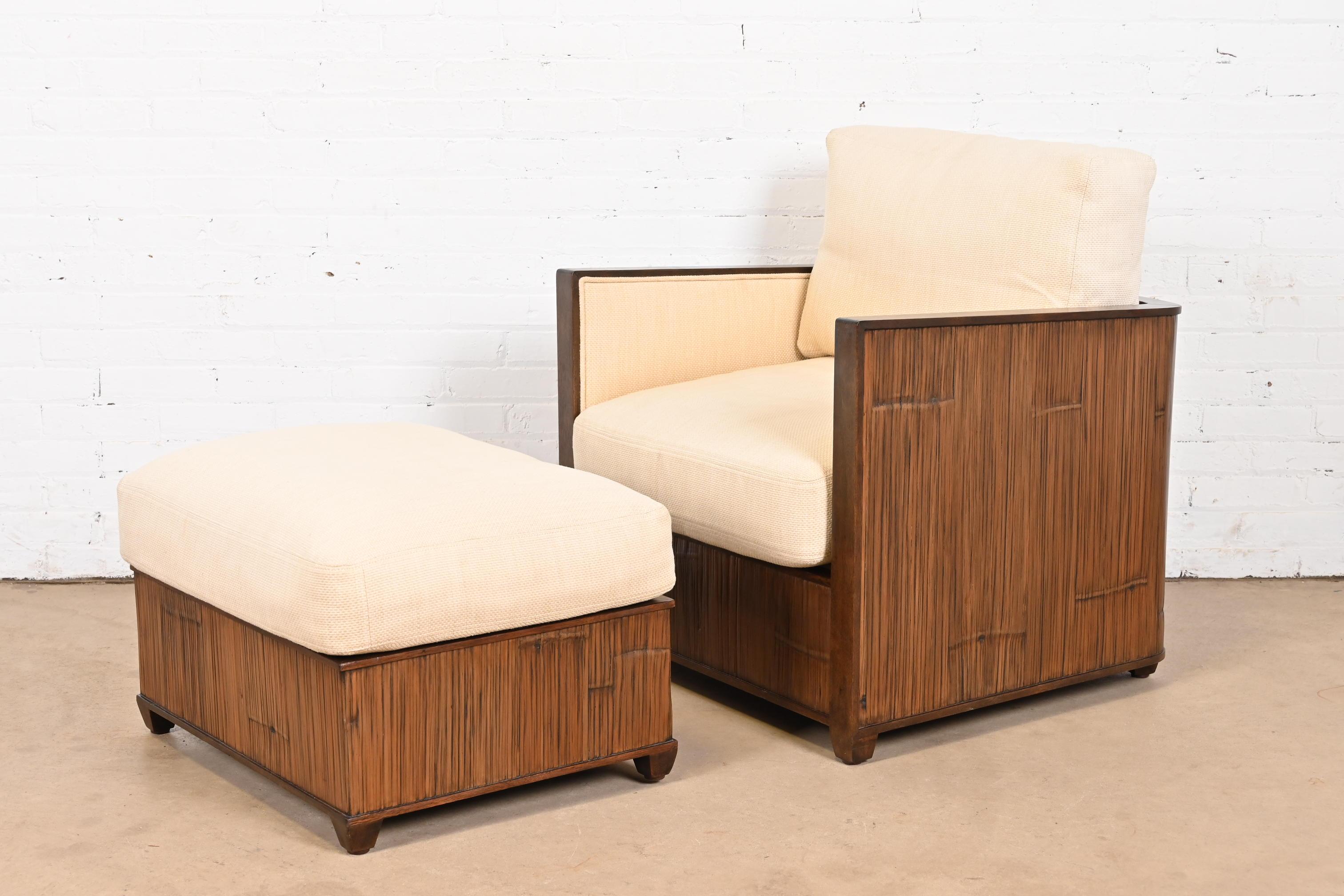 An exceptional mid-century Organic Modern style lounge chair with ottoman

By McGuire

USA, Circa Early 21st Century

Bamboo rattan form hardwood frame, with upholstered seat and back.

Measures: 
Chair: 30
