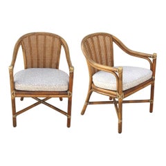 McGuire Organic Modern Rattan Bamboo Cane Back Arm Chairs, a Pair