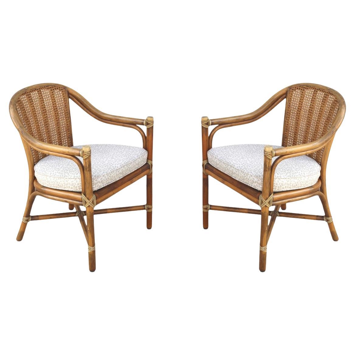 McGuire Organic Modern Rattan Bamboo Cane Back Arm Chairs, a Pair