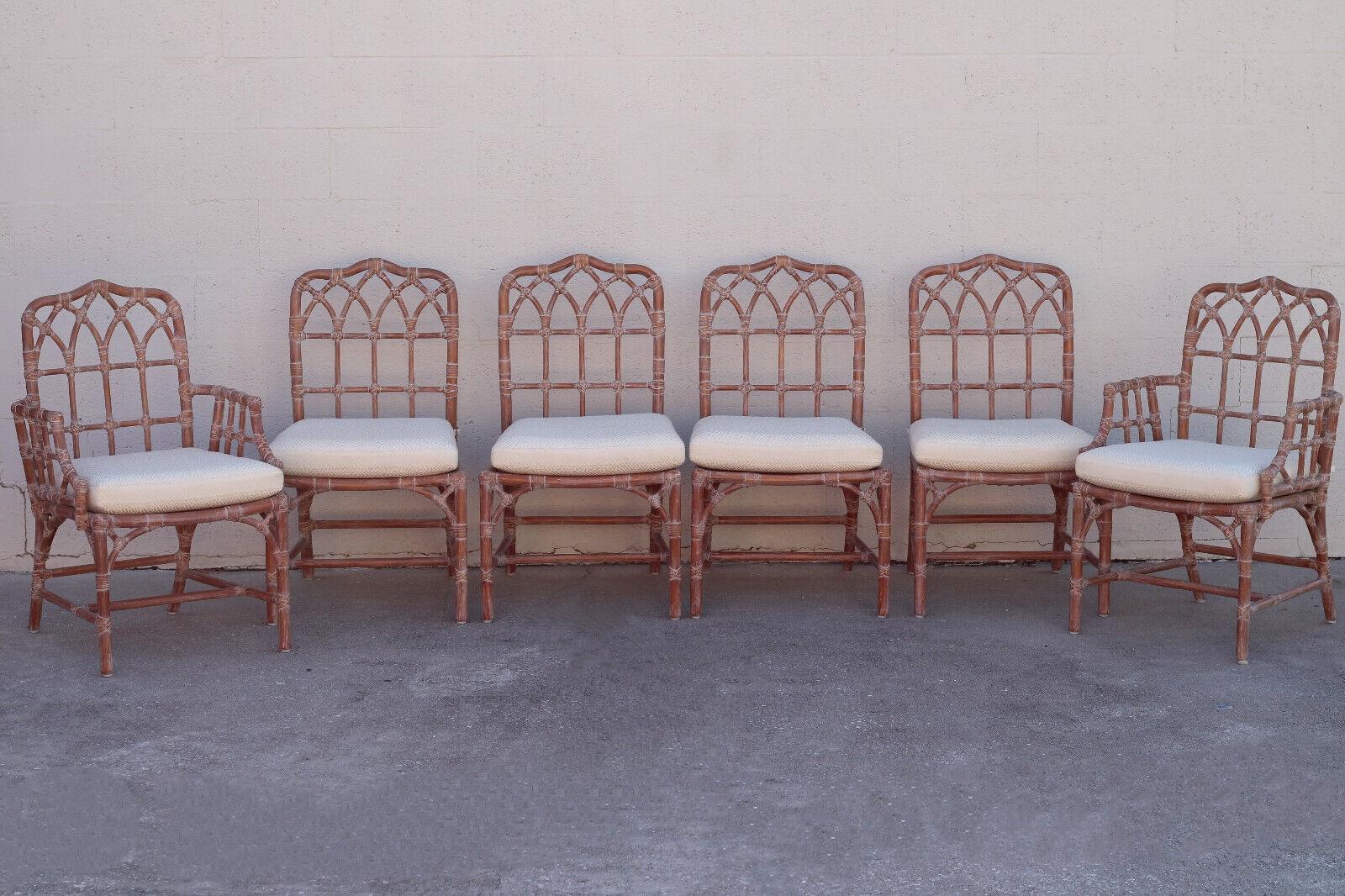 Juego de seis sillas de comedor catedral de ratán de bambú orgánico moderno McGuire siglo XX en venta